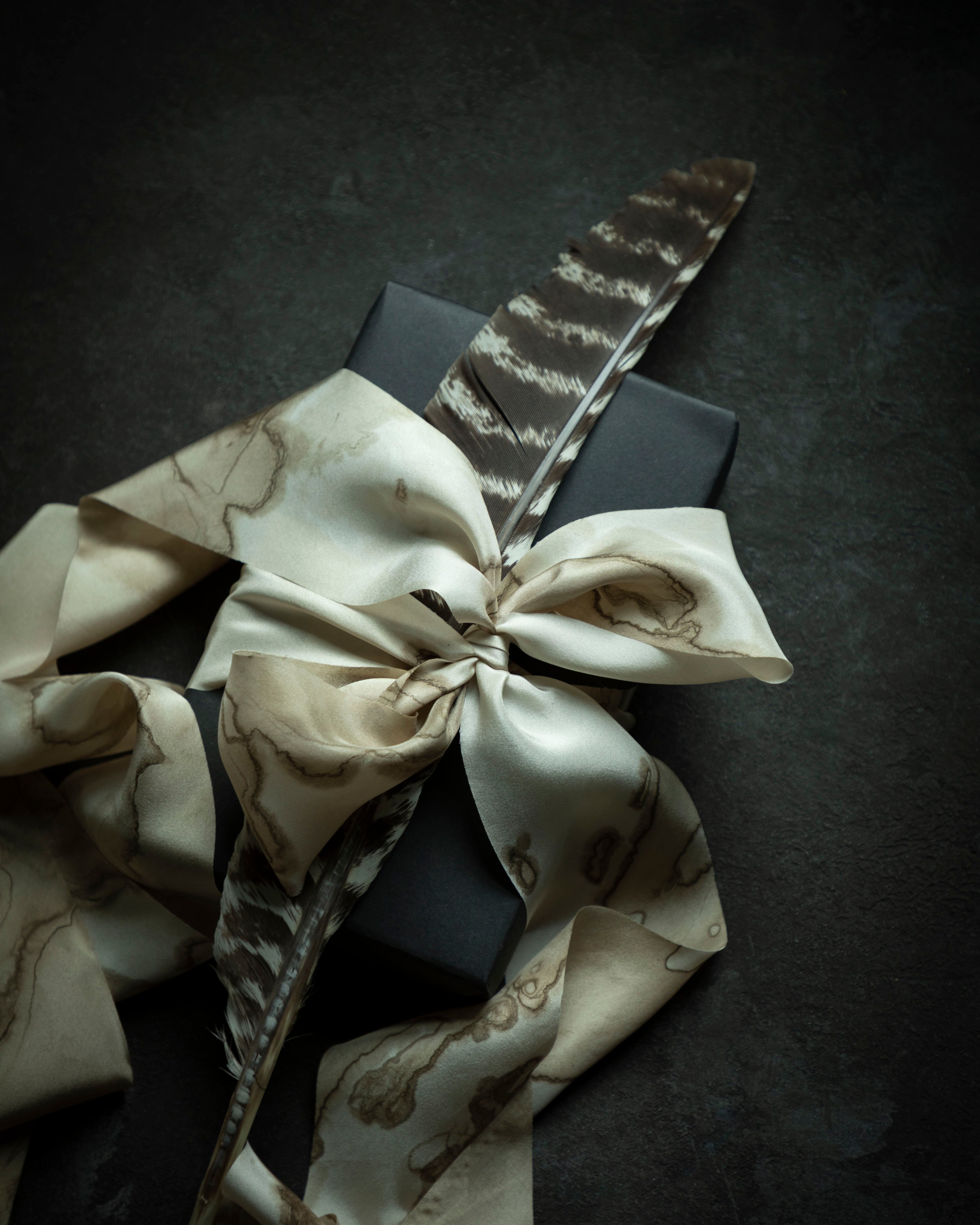 A styled flat-lay of a tan silk ribbon with brown abstract veining, like woodgrain, tied into a large bow around a dark gray gift box, with a brown and black patterned feather placed on top, set against a dark textured background.