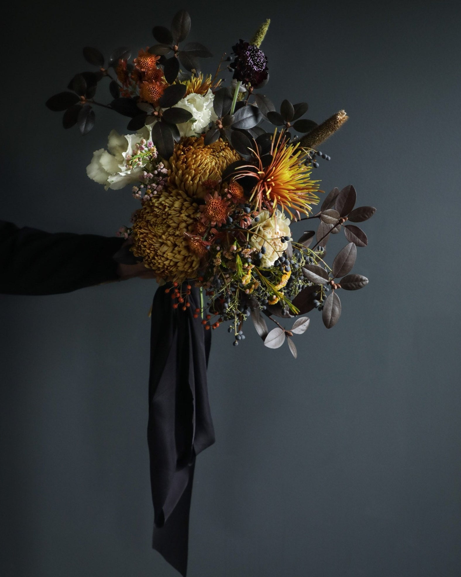 bridal bouquet with black silk ribbons