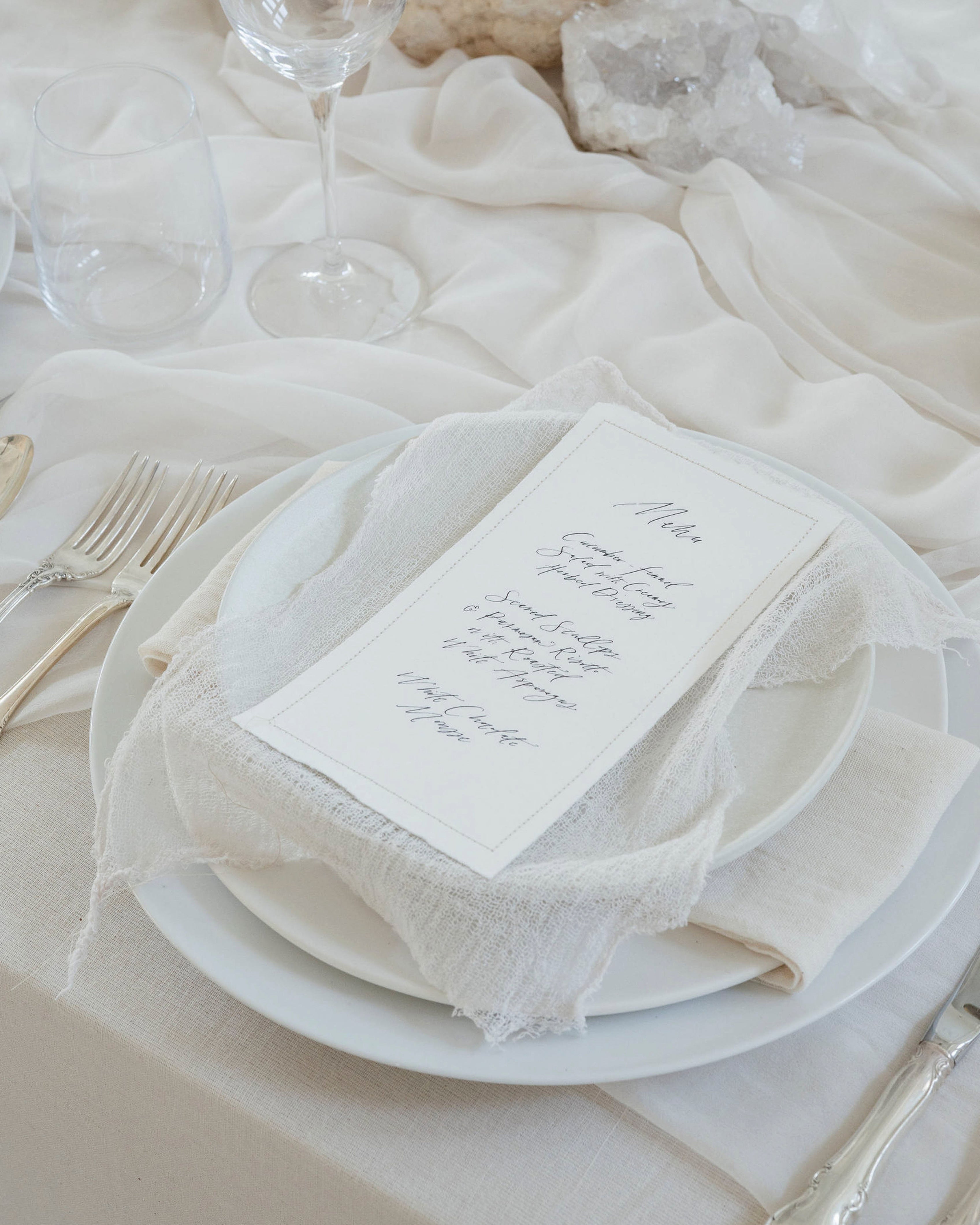 bespoke table setting with silk and willow handmade menus and napkins