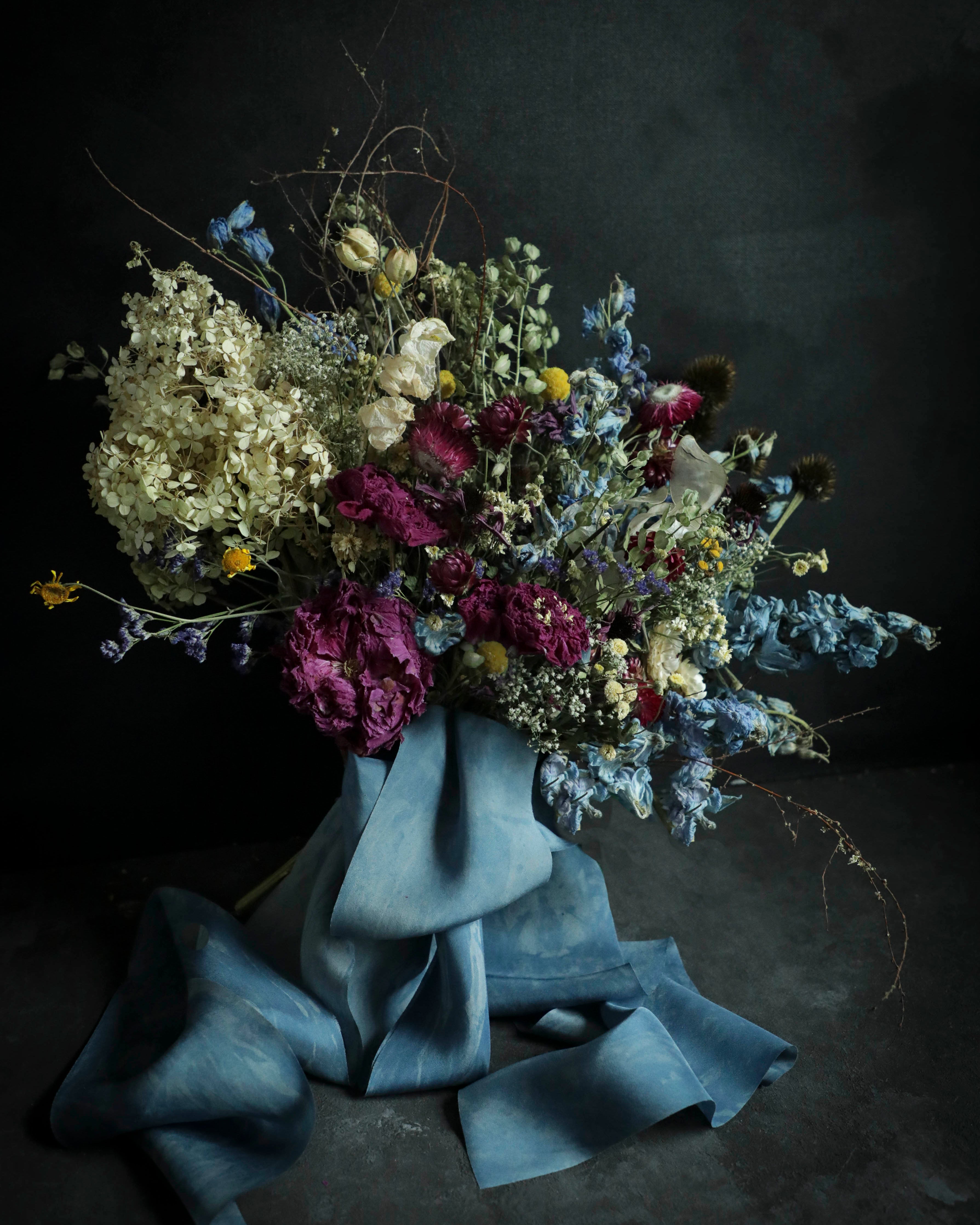 everlasting flower bouquet made of dried flowers and tied with silk and willow silk ribbons