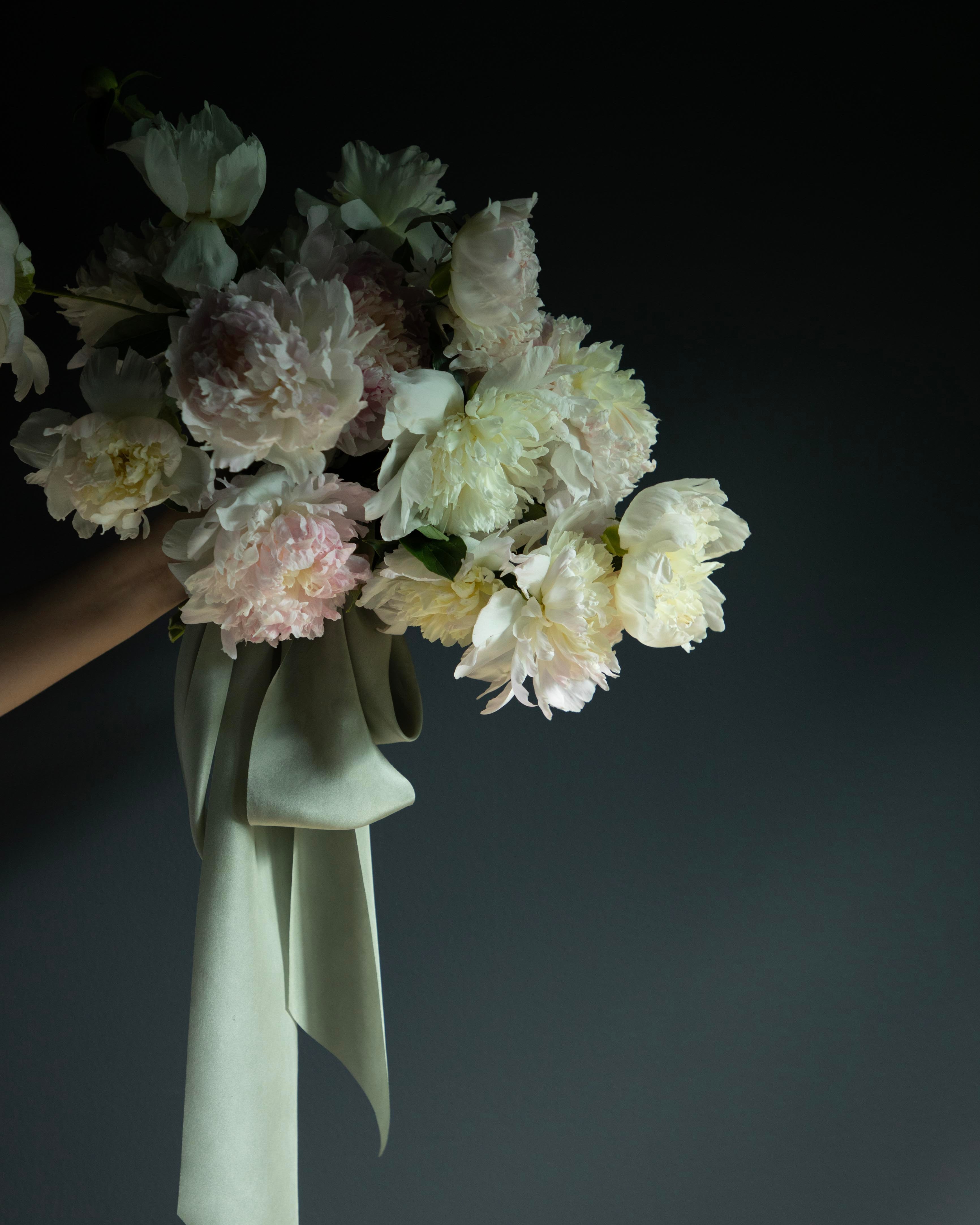 peony wedding bouquet with custom silk ribbon by silk and willow