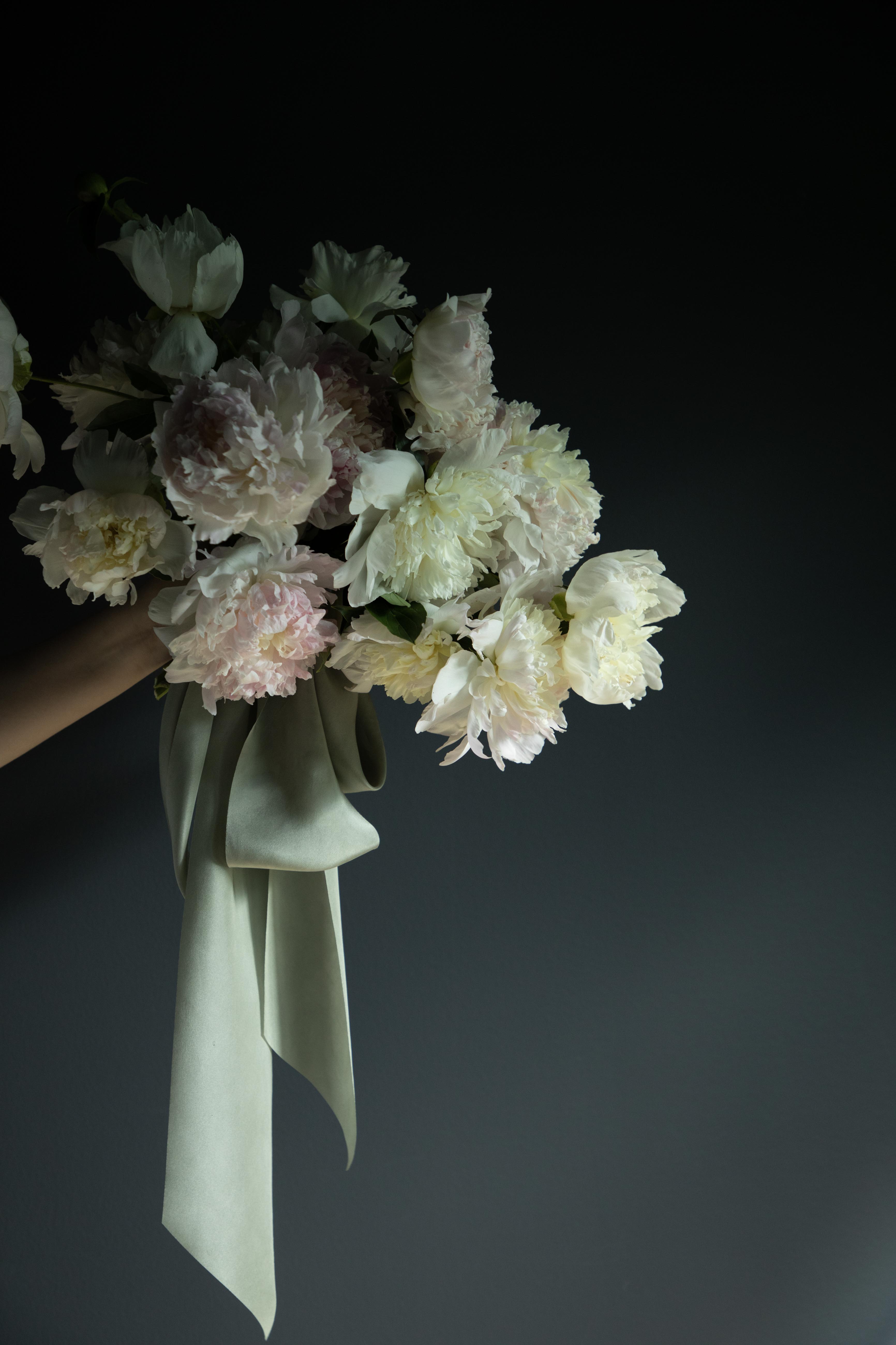 peony wedding bouquet with custom silk ribbon by silk and willow