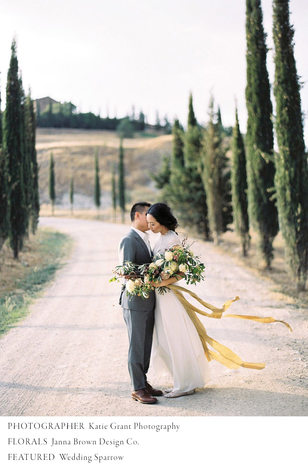 bride and groom in italy with bridal bouquet ied with Silk & Willow hand crafted gold silk ribbon