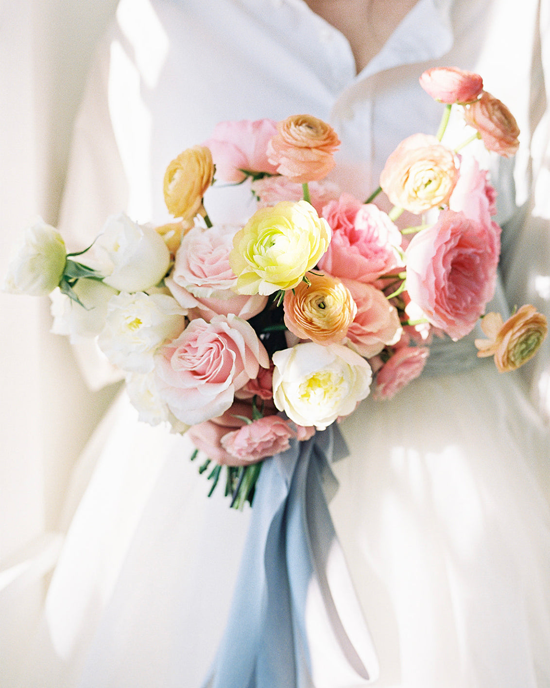 french blue silk ribbon on floral wedding bouquet