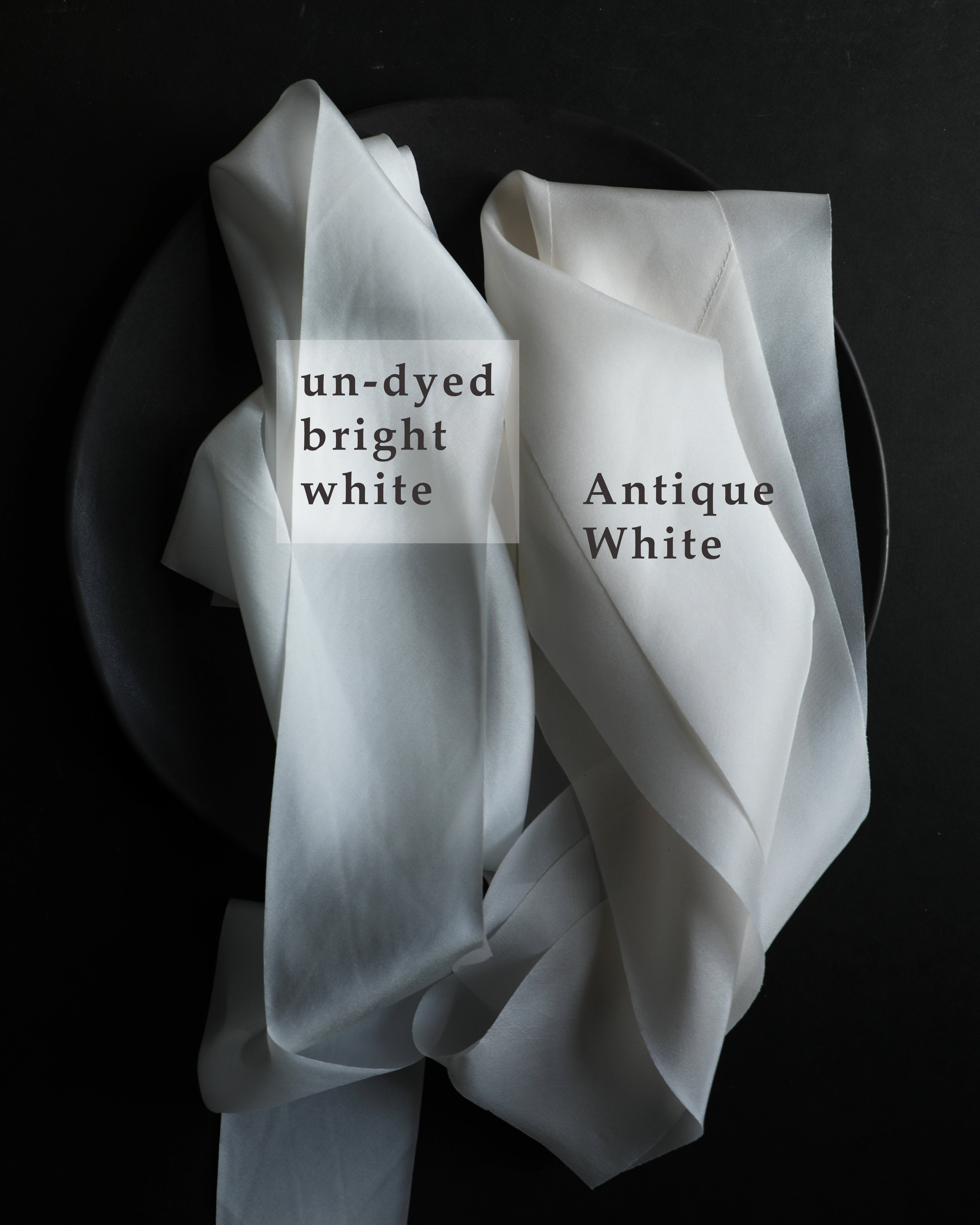 comparison of white silk ribbon and Silk and Willow antique white silk ribbon