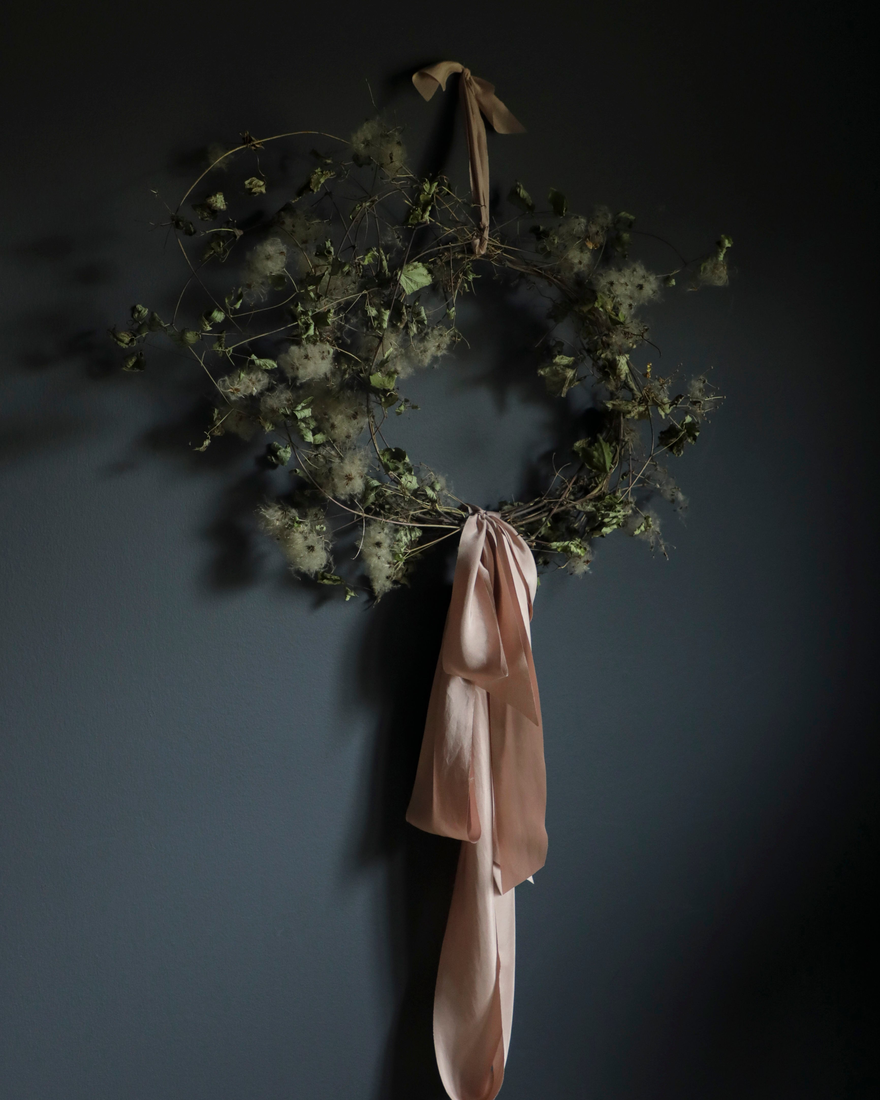 christmas wreath with silk and willow silk ribbon. dried floral wreath