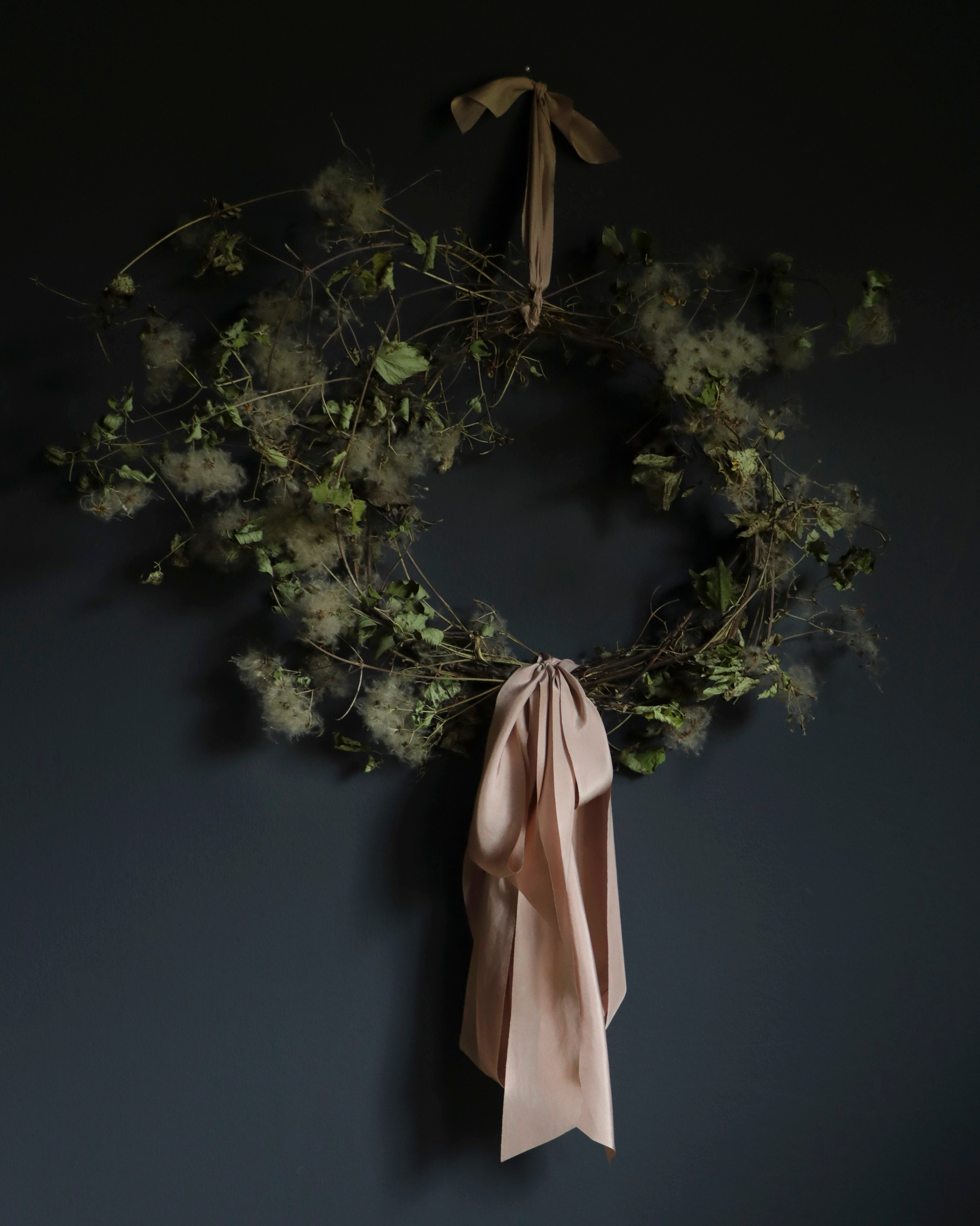 christmas wreath with silk and willow silk ribbon. dried floral wreath