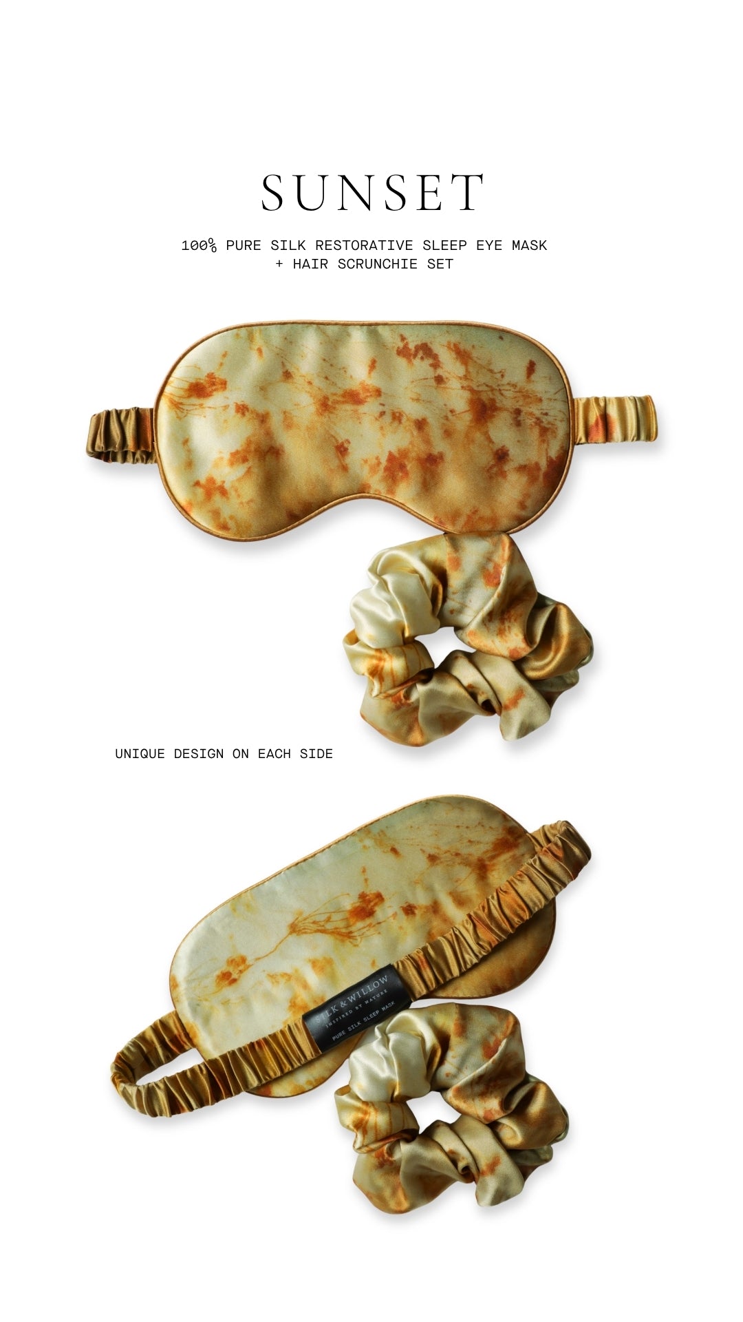 Silk eye mask and scrunchie set with 'Sunset' design on a white background