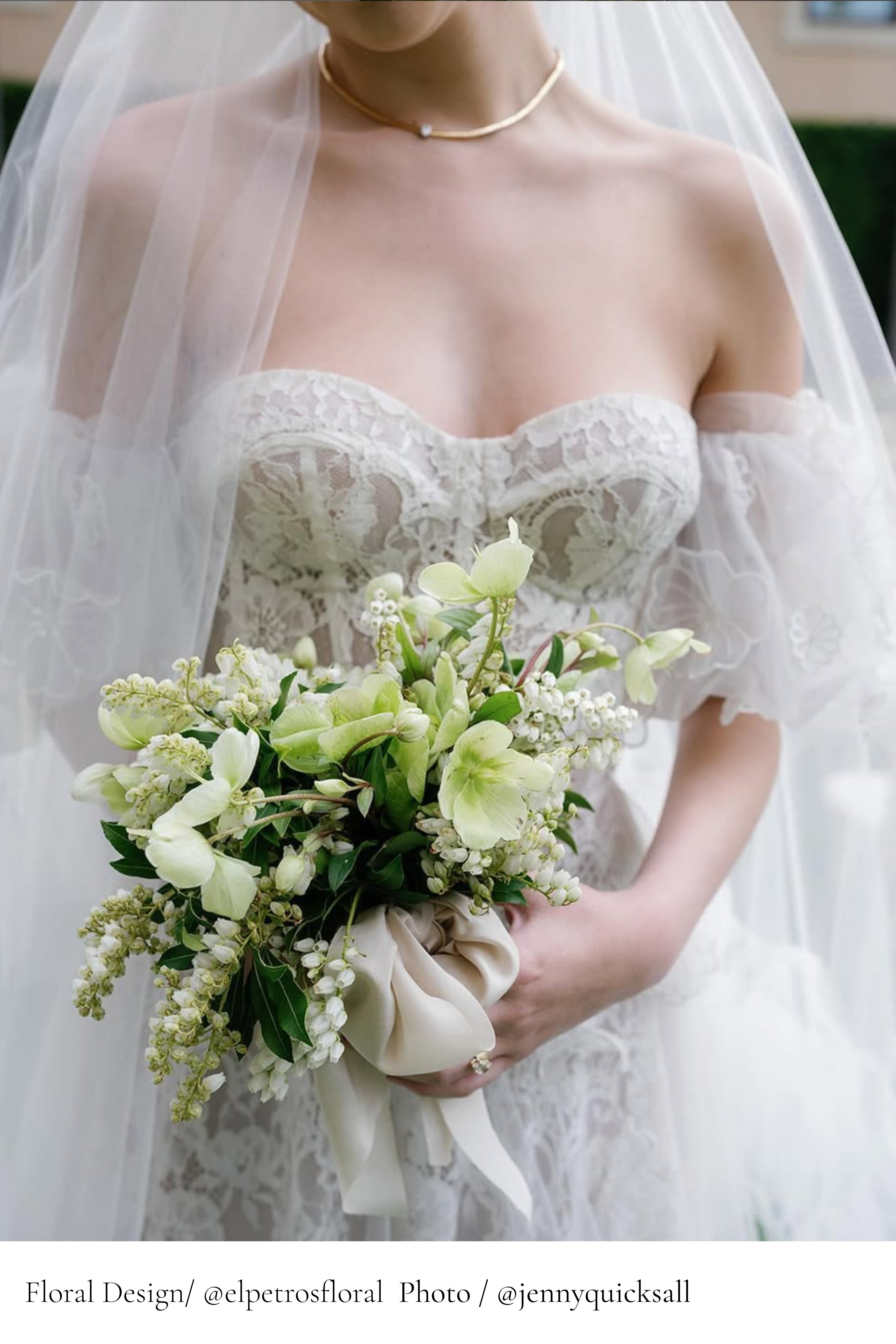 bride holding lily of the valley bridal bouquet wrapped with silk and willow silk ribbon