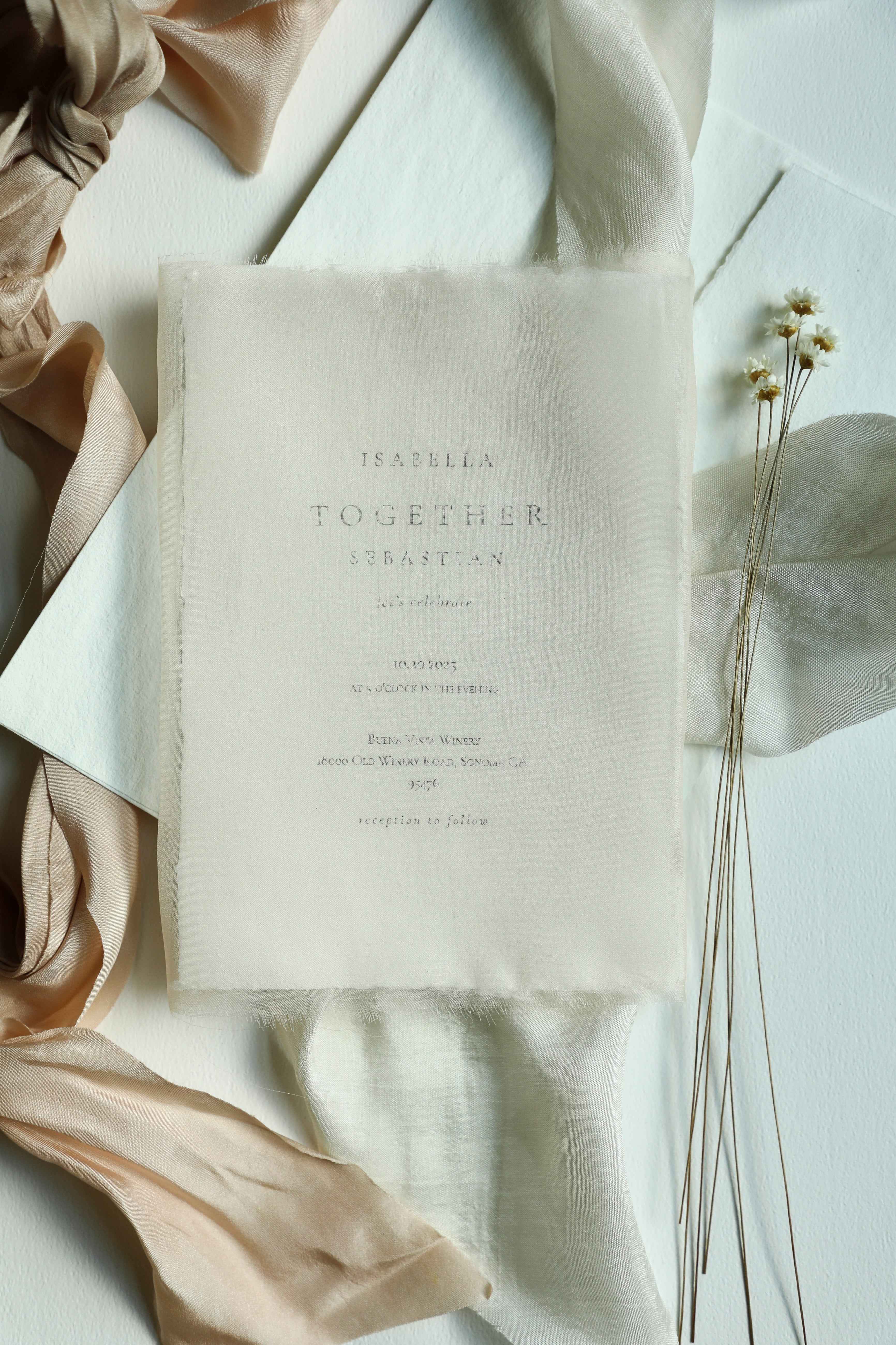 wedding invitation on handmade paper. silk and willow luxury handmade paper