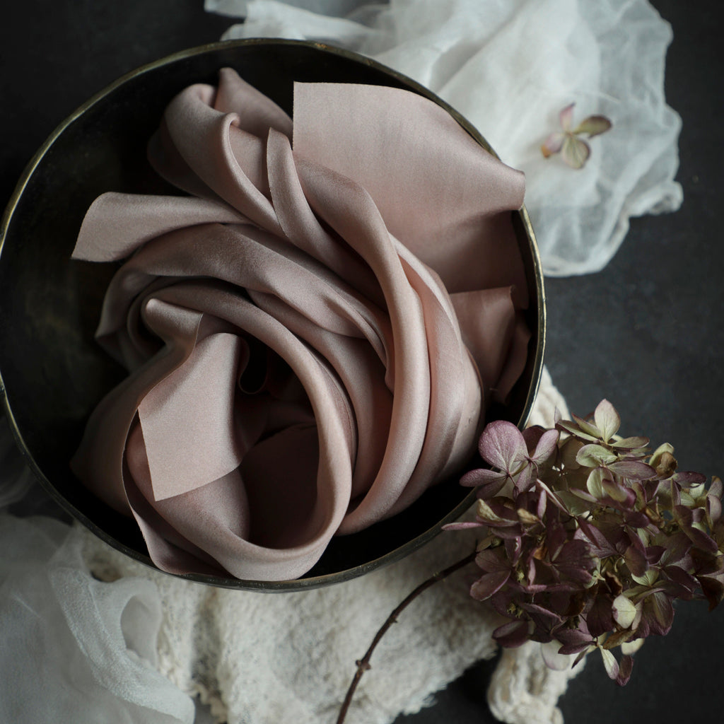 sustainable color, natural silk ribbon. wedding ribbon for wedding bouquet