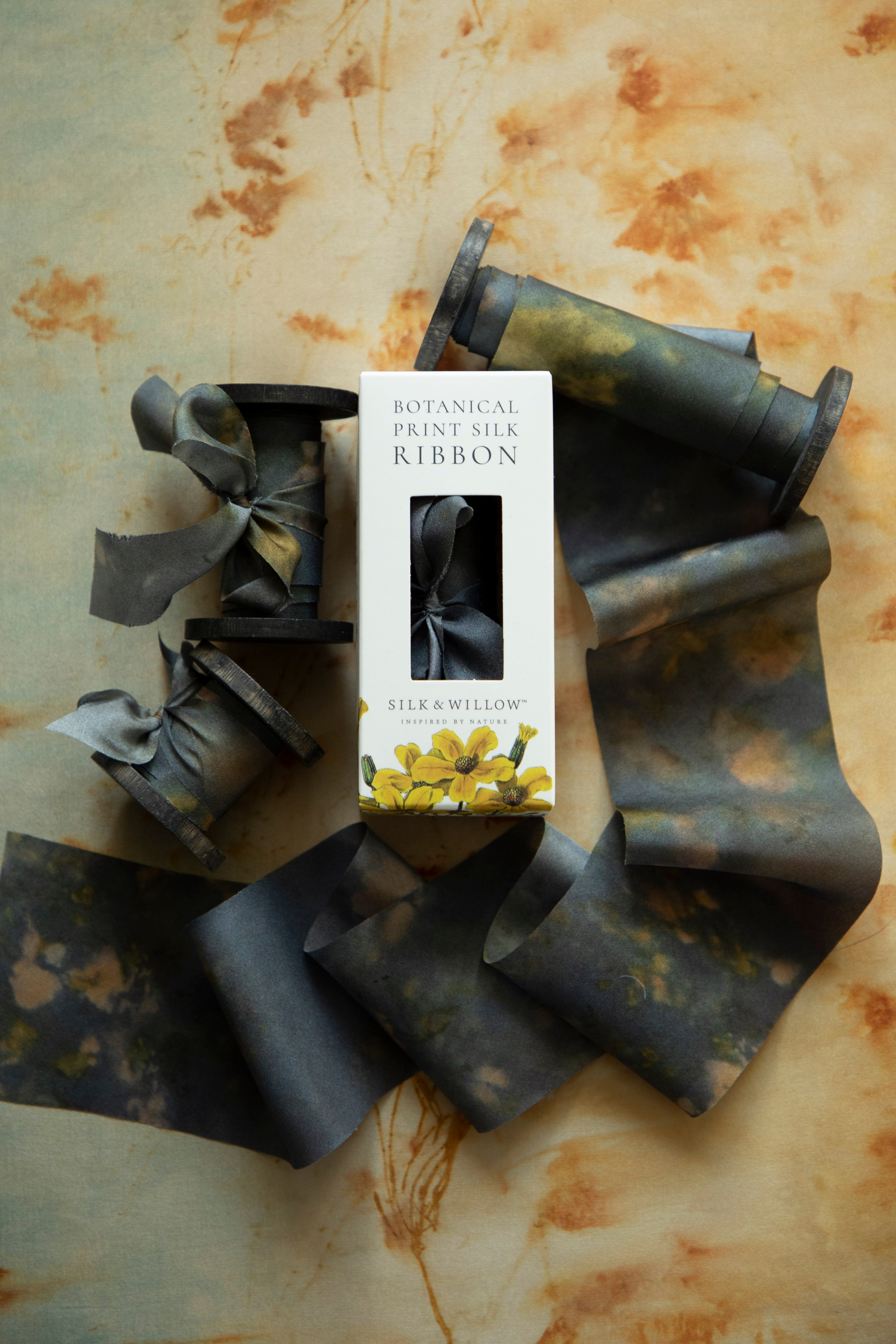 Eco-friendly silk ribbons with nature-inspired patterns, perfect for unique gift wrapping and tying market bouquets, crafted from sustainable materials