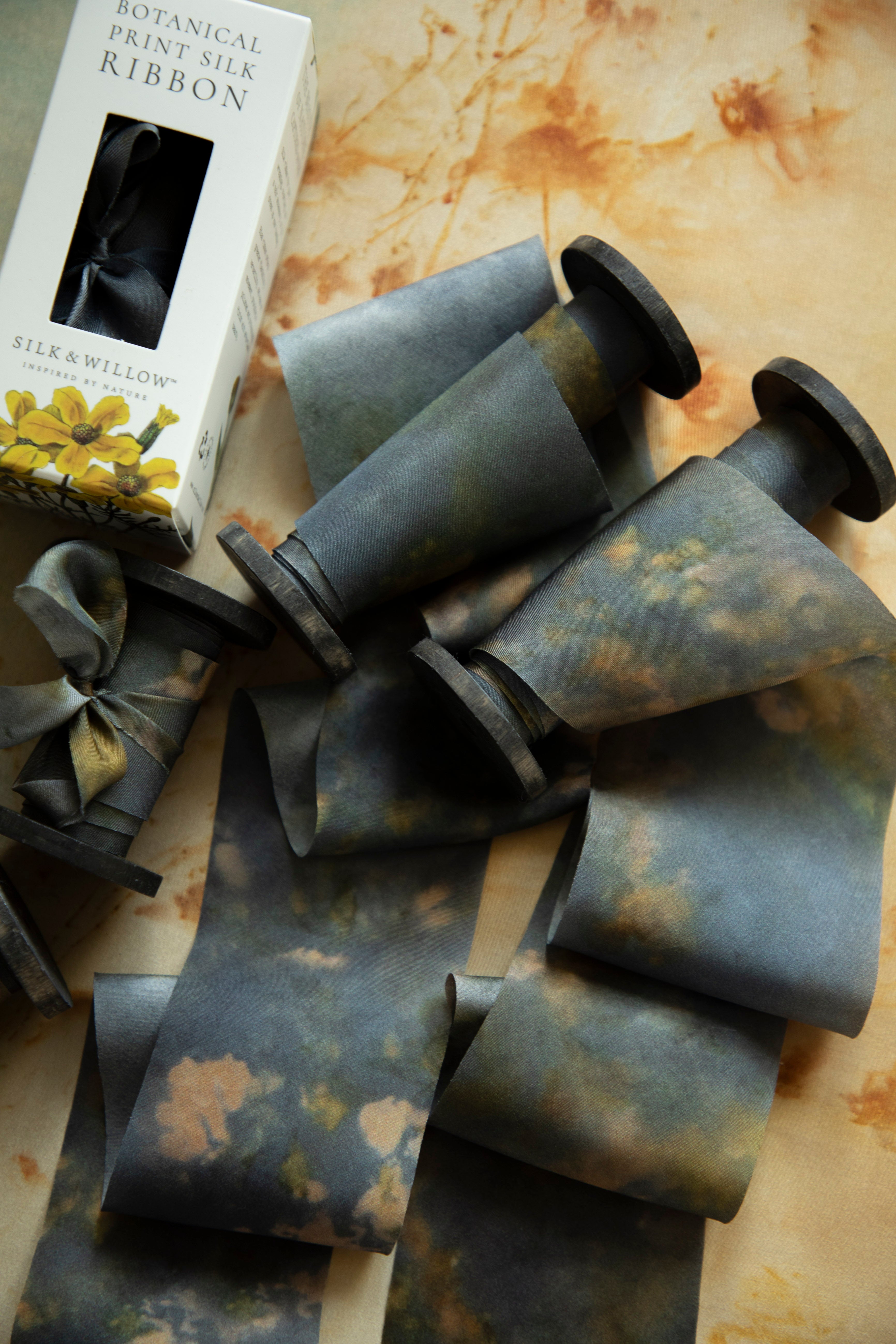 Eco-friendly silk ribbons with nature-inspired patterns, perfect for unique gift wrapping and tying market bouquets, crafted from sustainable materials