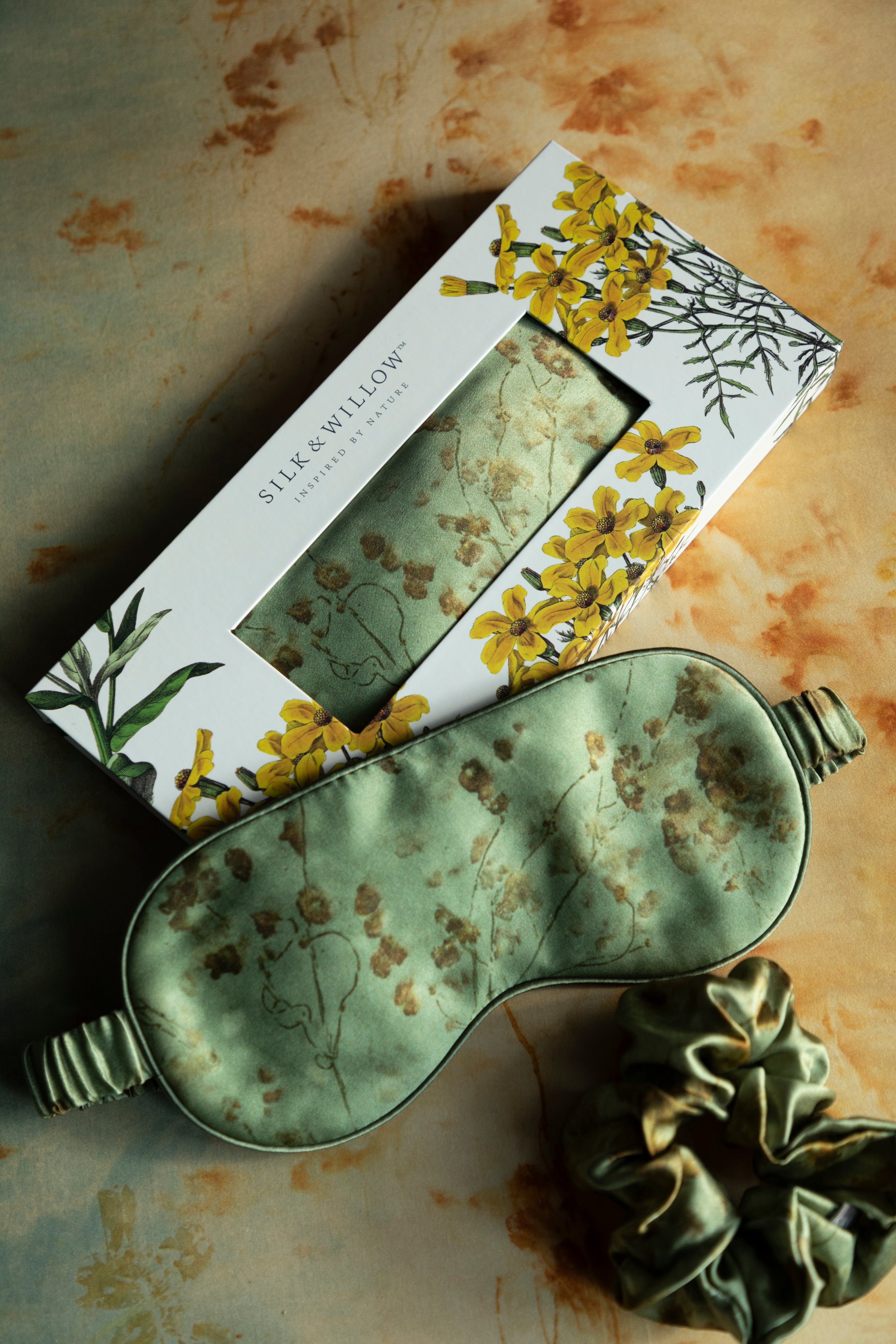 botanical print silk sleep mask in sustainable gift packaging