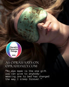 Woman wearing a green eye mask with text about Oprah's Favorite Things 2025.
