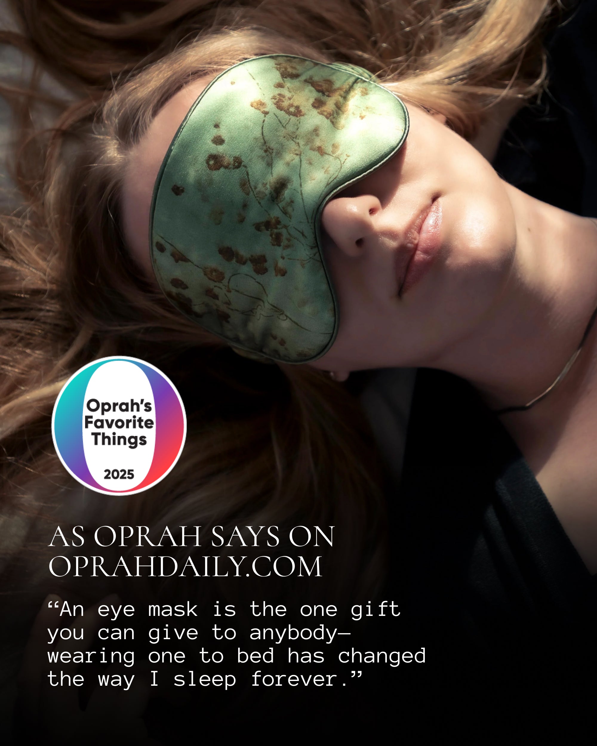Woman wearing a green eye mask with text about Oprah's Favorite Things 2025.