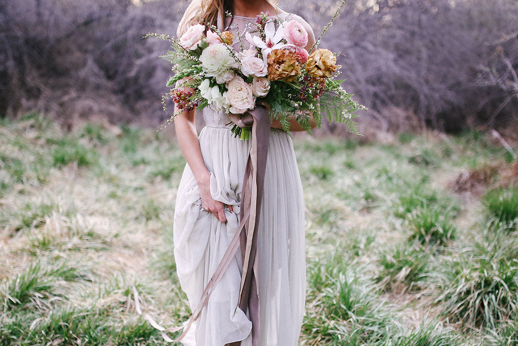 Romantic bridal bouquet with flowing silk and willow hand dyed silk ribbons