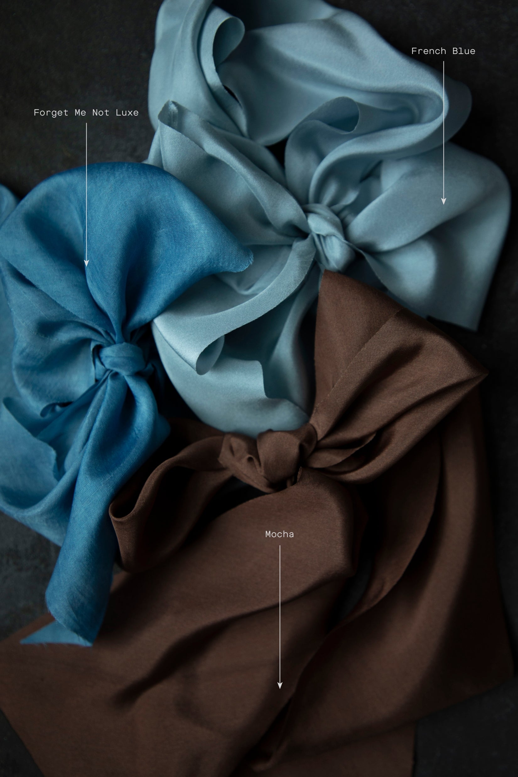 Two fabric bows, one blue and one brown, on a dark background.