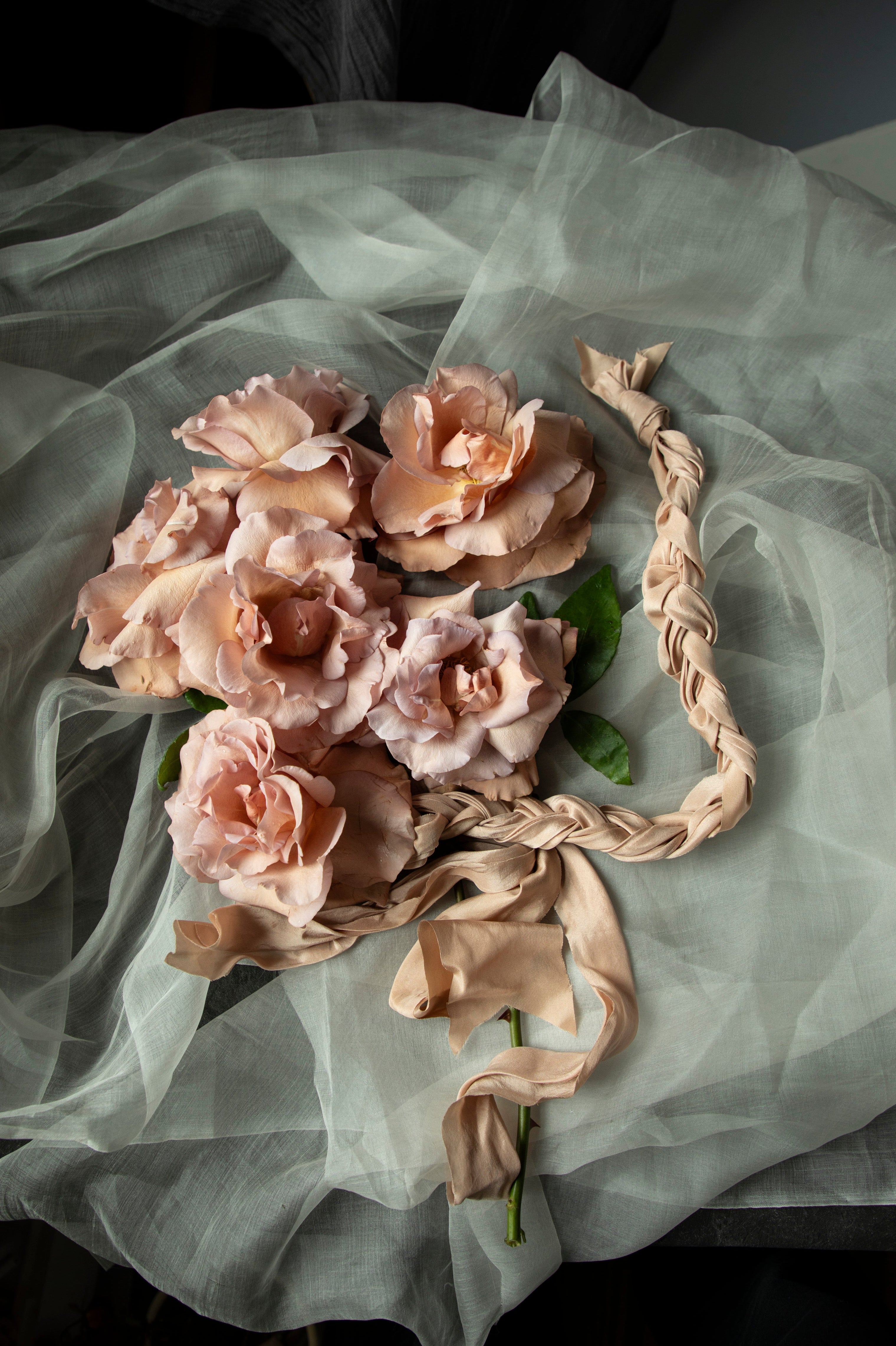 coral and blush roses with blush silk ribbon tired in a braid like hand-fasting rope