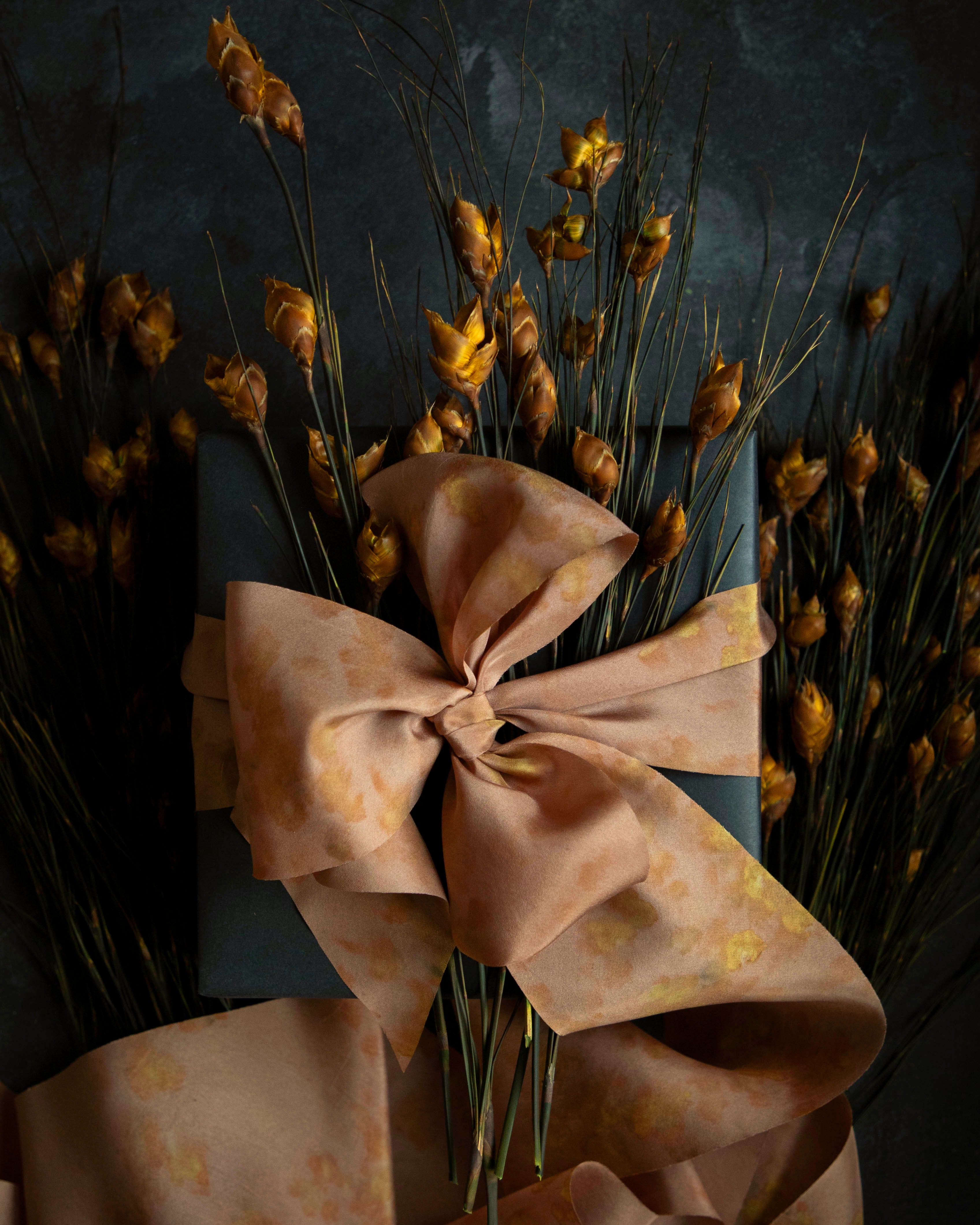 Unique gift wrapping ideas with hand dyed silk ribbon by silk and willow