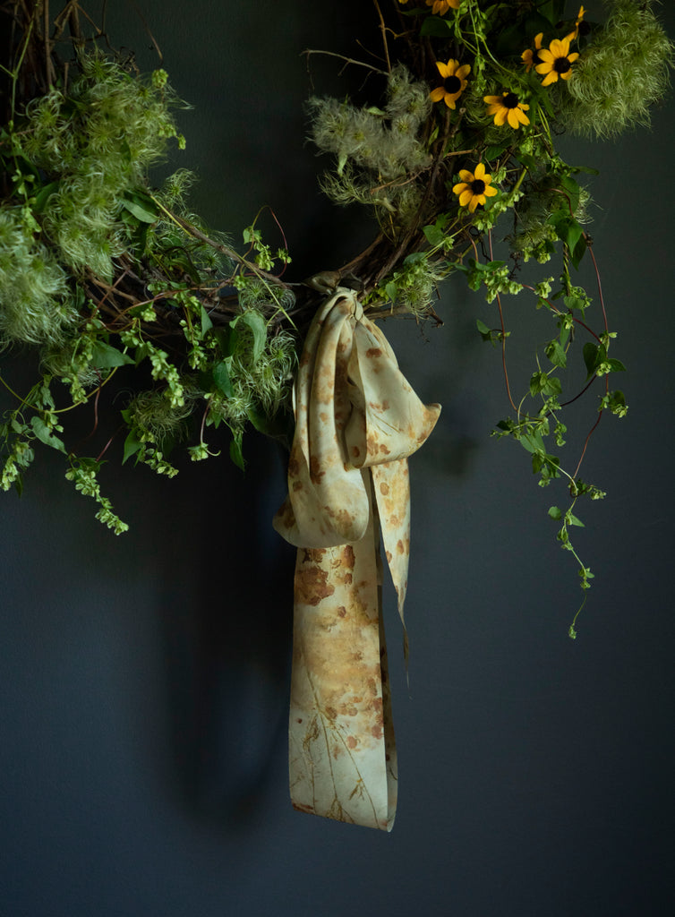 holiday wreath with silk and willow silk ribbon