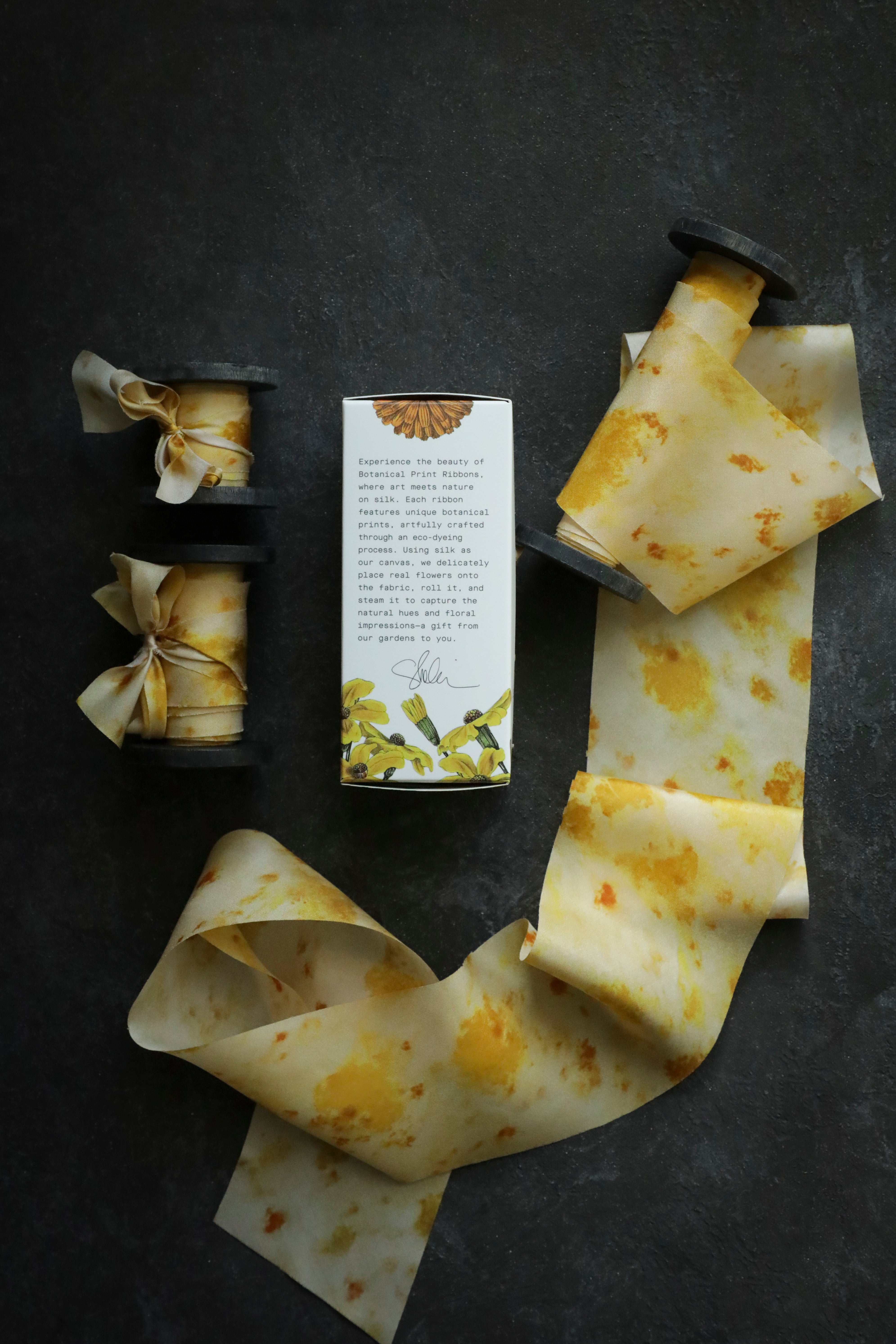 Eco-friendly silk ribbons with nature-inspired patterns, perfect for unique gift wrapping and tying market bouquets, crafted from sustainable materials