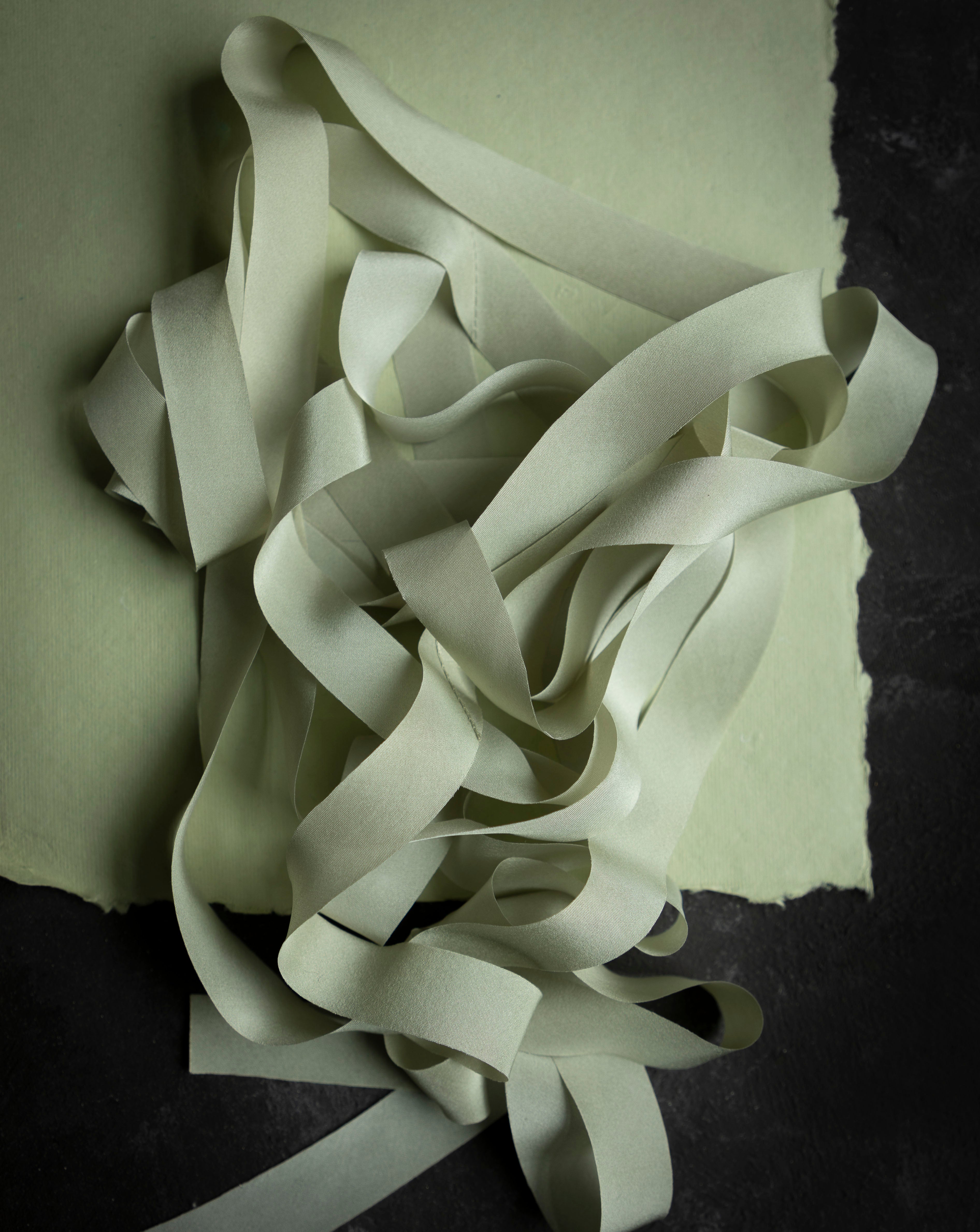 green silk ribbon and celadon handmade paper