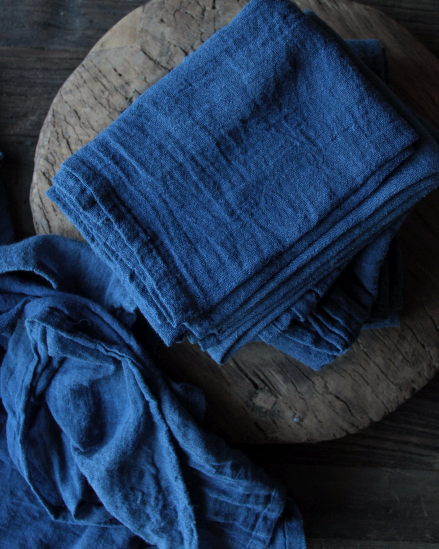 Silk & Willow. Plant Dyed Table Linens, organic cotton napkins, Indigo, Blue, Indigo dyed.