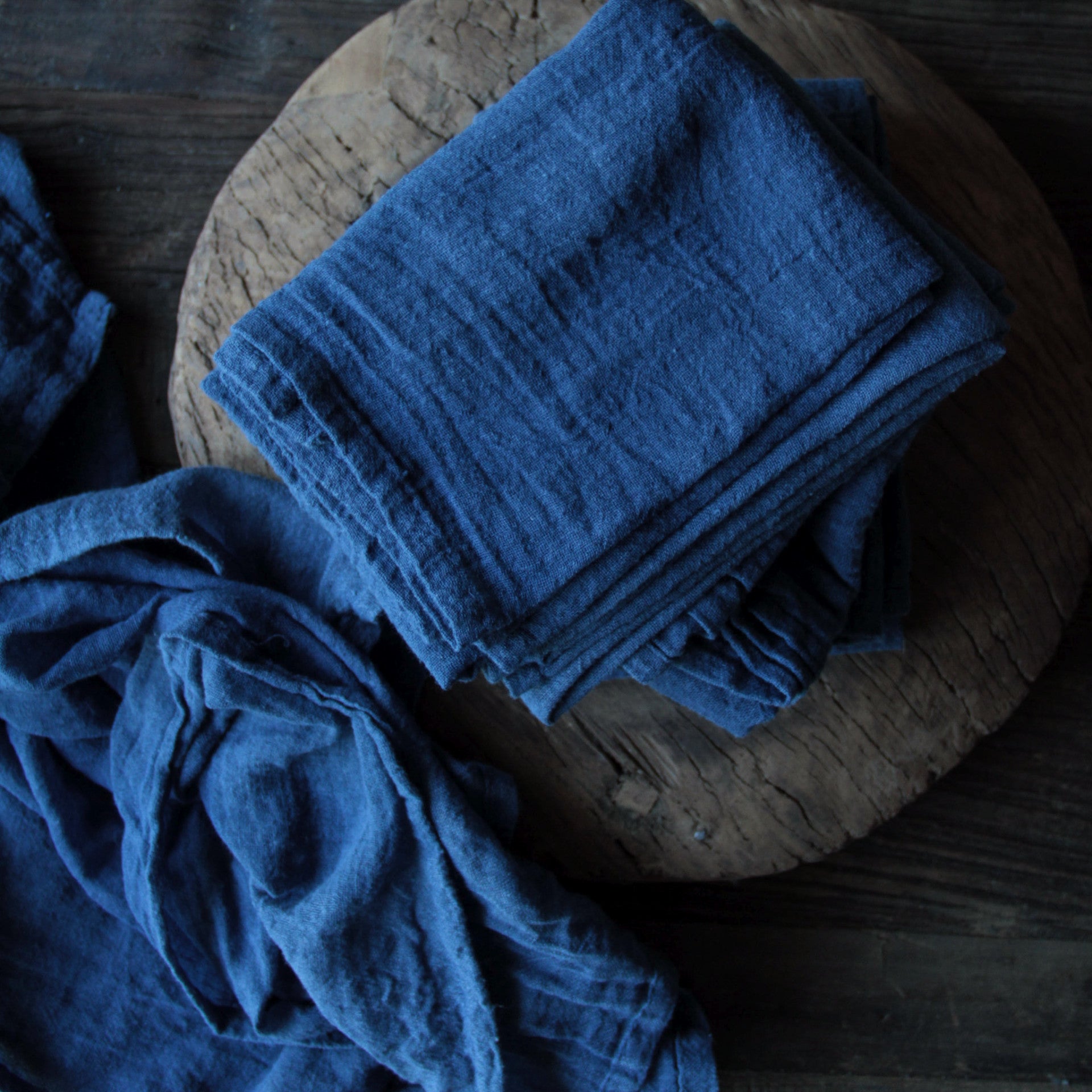 Silk & Willow. Plant Dyed Table Linens, organic cotton napkins, Indigo, Blue, Indigo dyed.