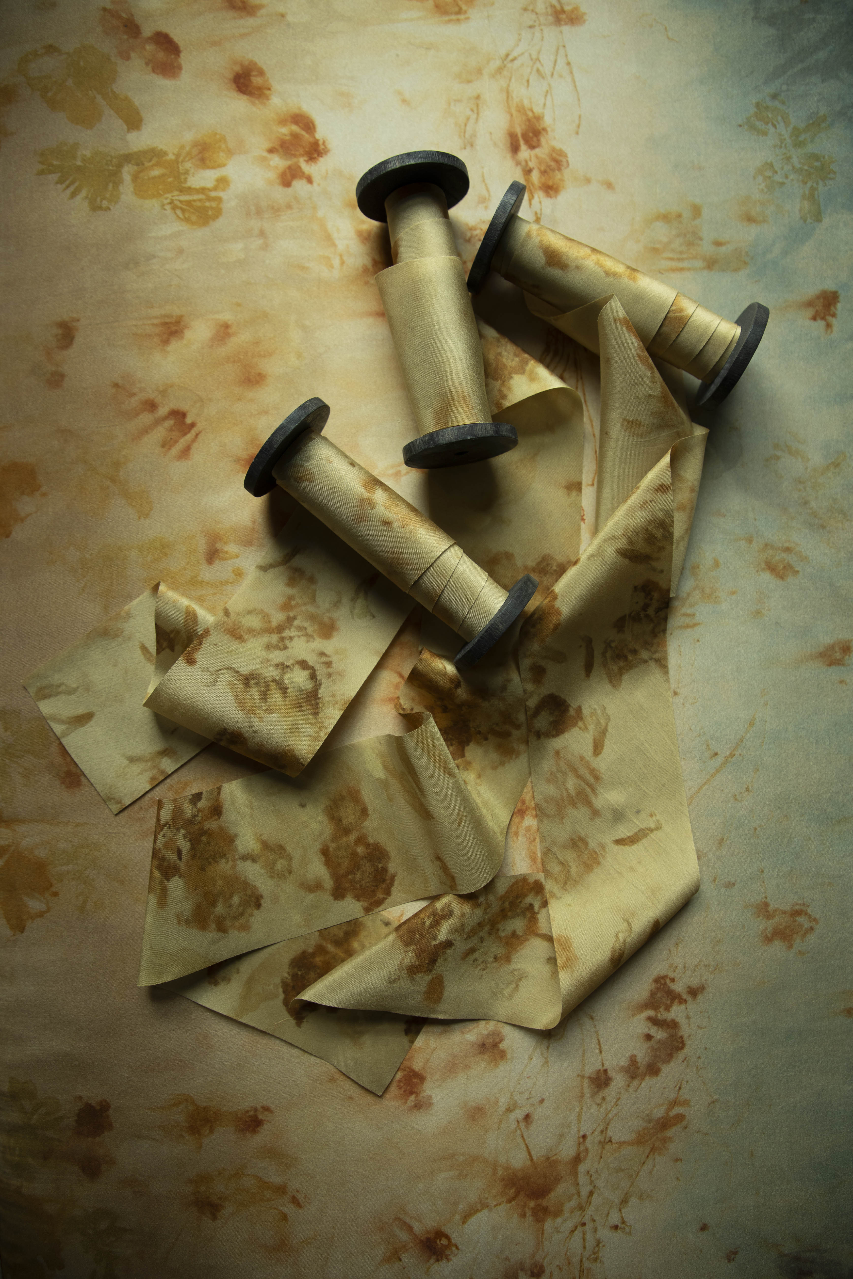 botanical print hand-dyed ribbon in gold and amber hues