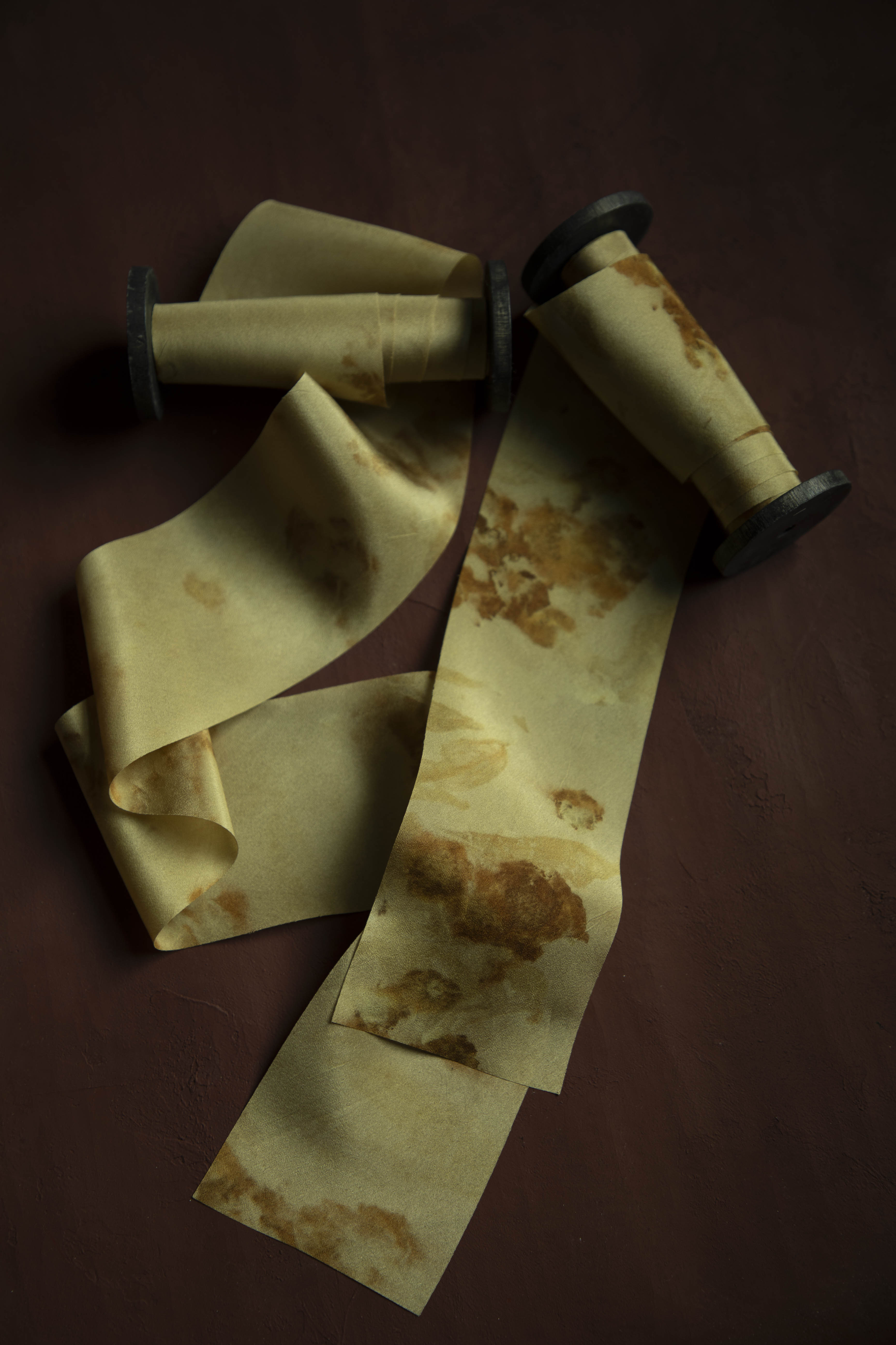 botanical print hand-dyed ribbon in gold and amber hues