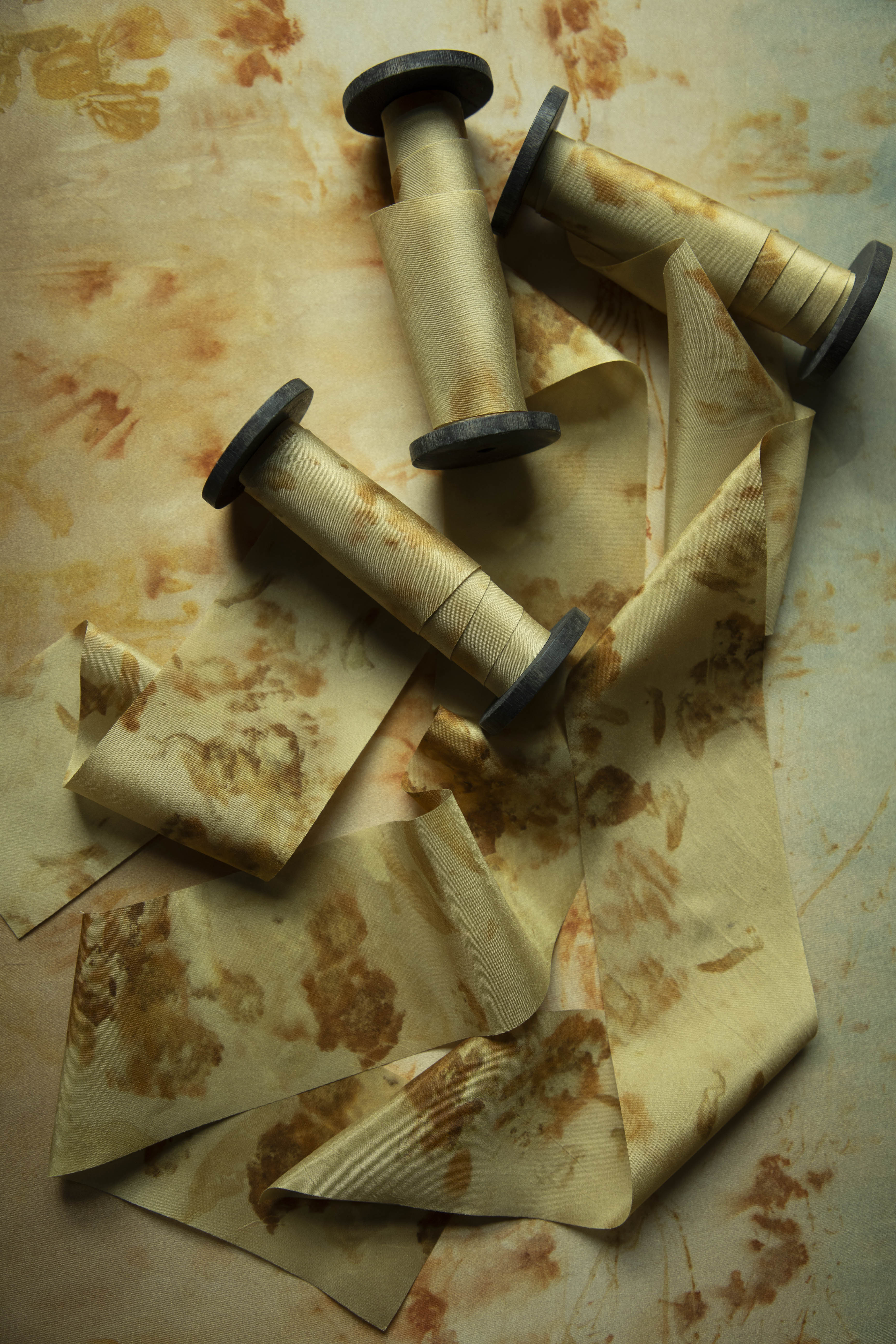 hand dyed botanical silk ribbon in gols and amber hues