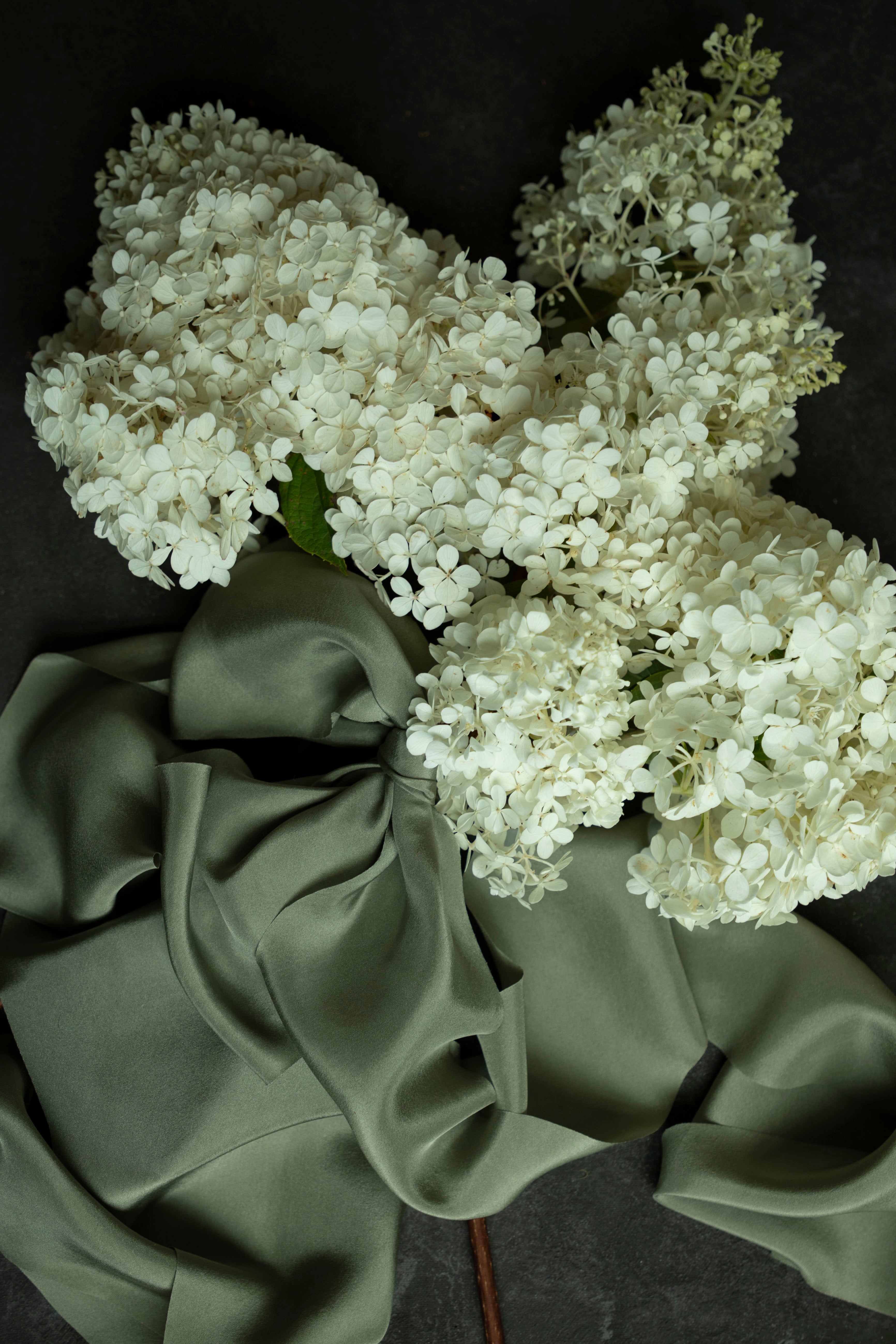 White flowers on a dark background with green fabric