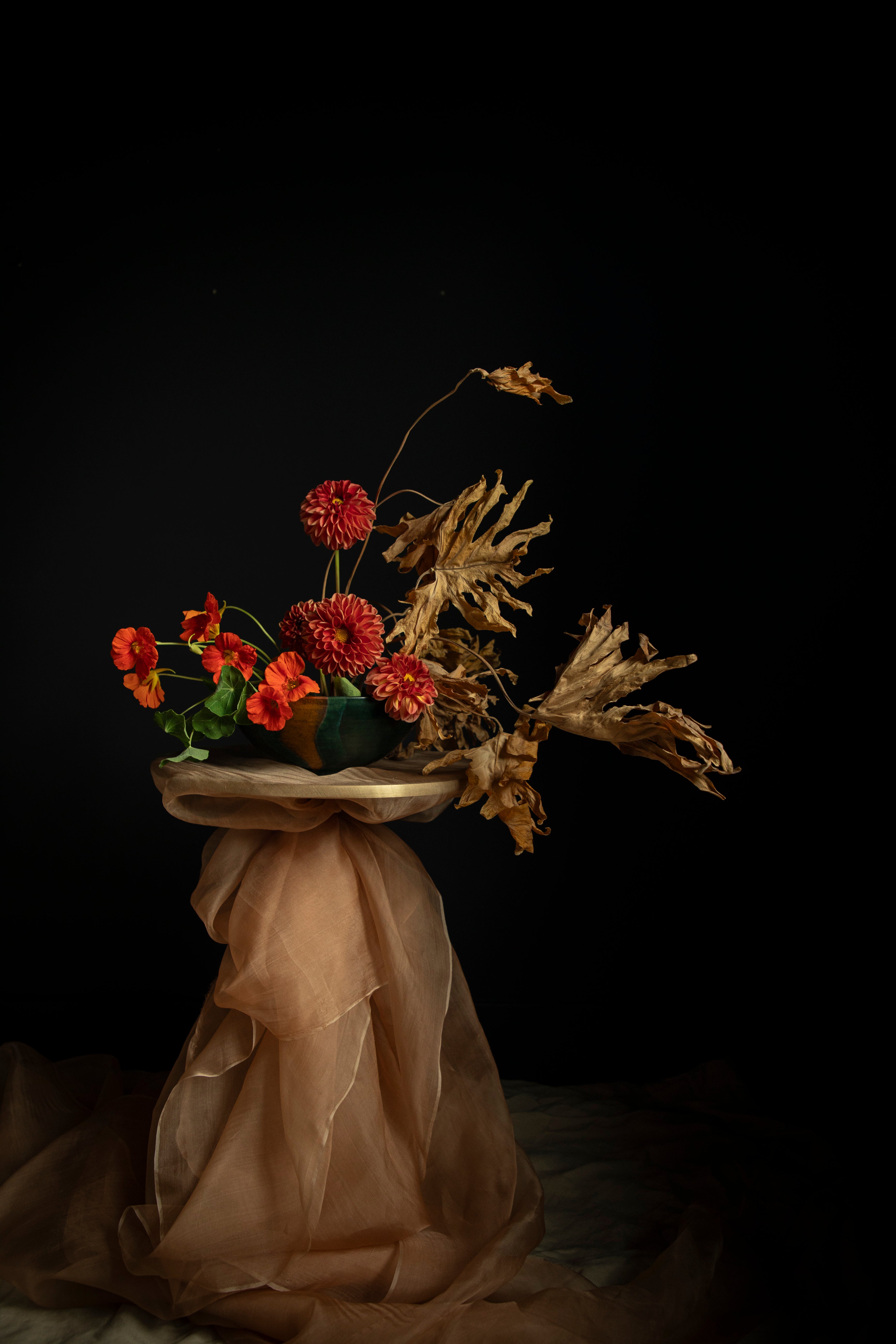 A still life floral arrangement featuring vibrant red and orange flowers alongside dried brown botanical elements, presented on a draped coral silk fabric pedestal against a solid black background.