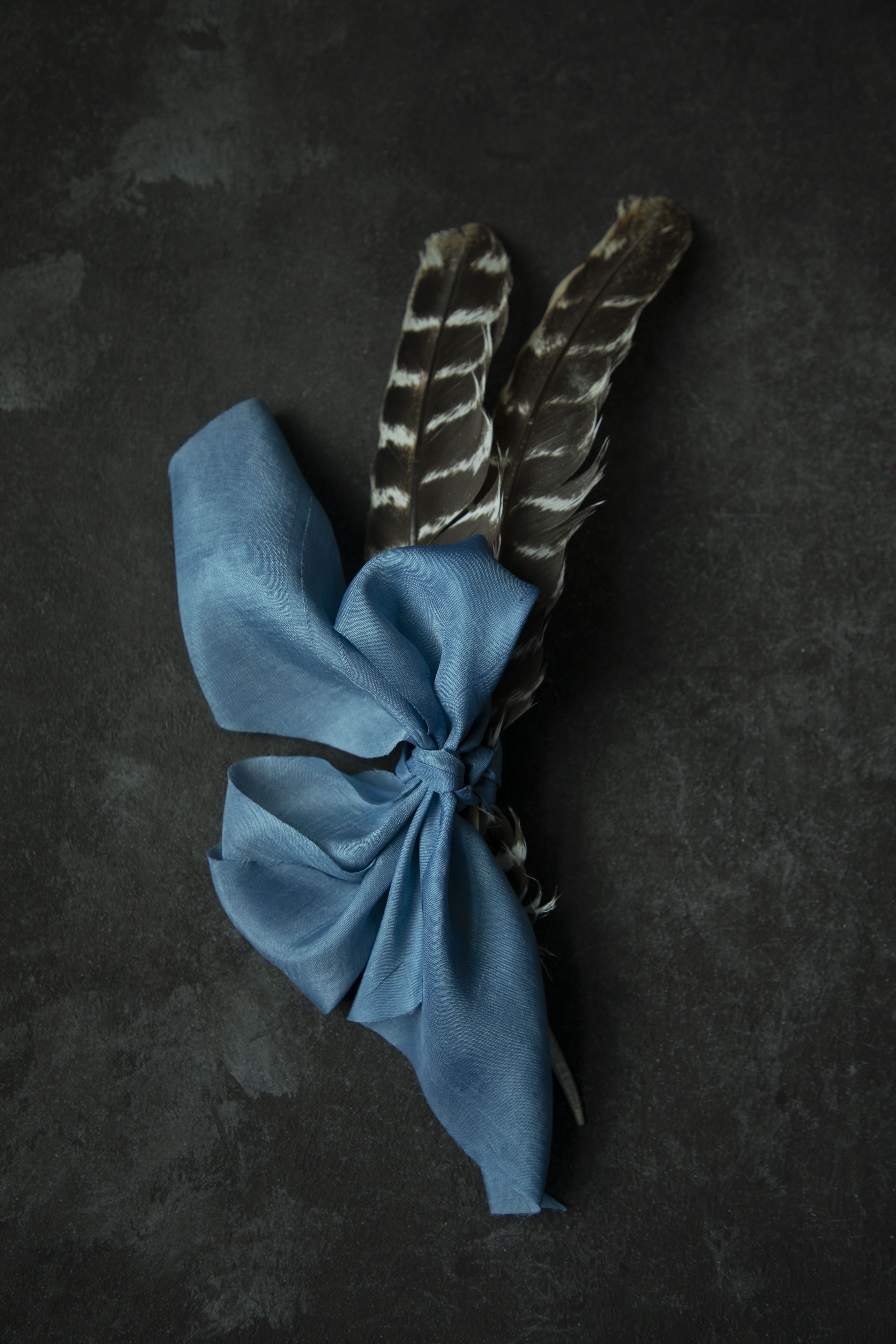 Indigo dyed Blue ribbon tied into a bow with feathers on a dark background
