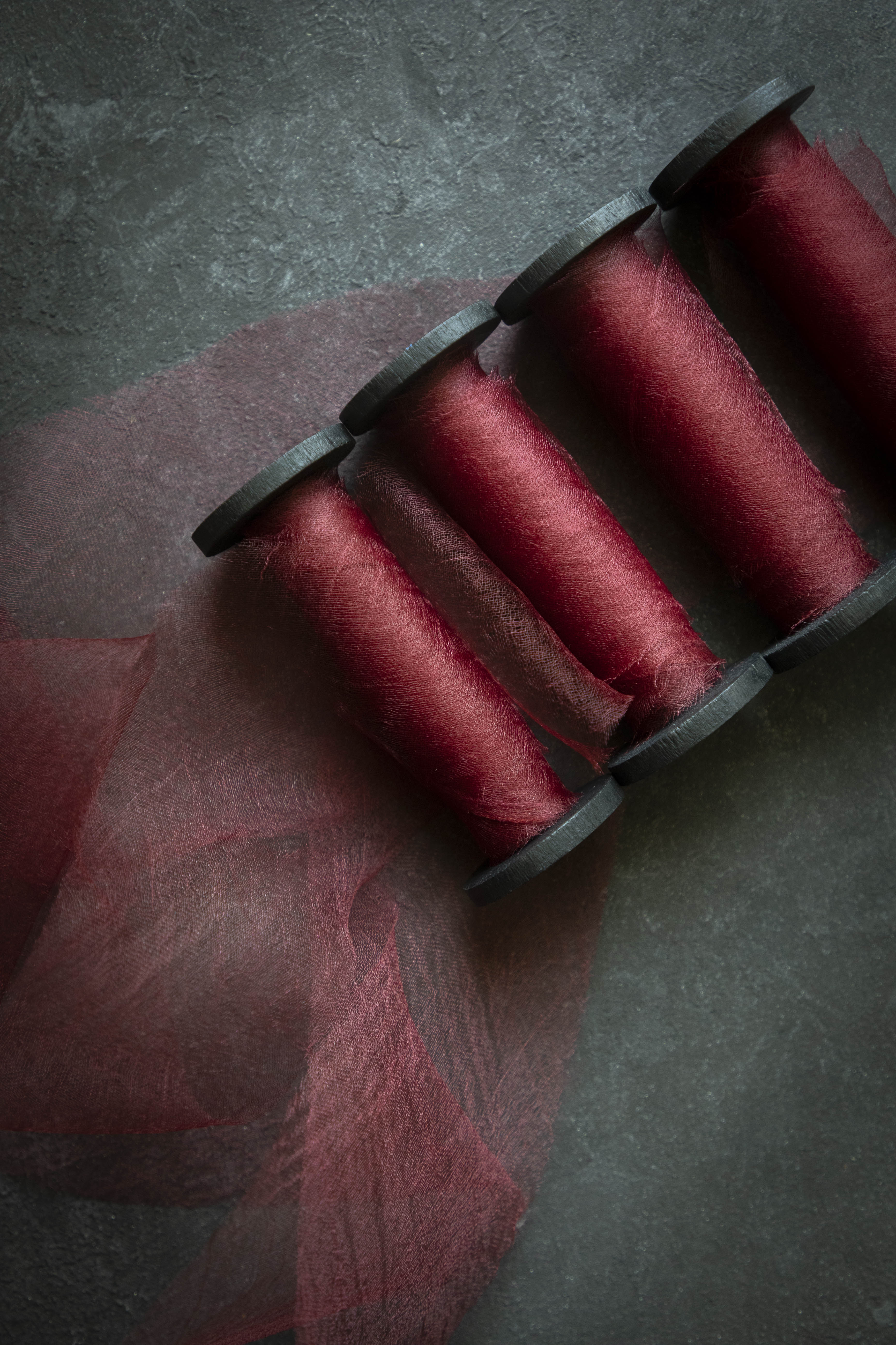 1/2 Hand Dyed Silk Ribbon with Woven Edge . Red Silk Ribbon . 3 yards