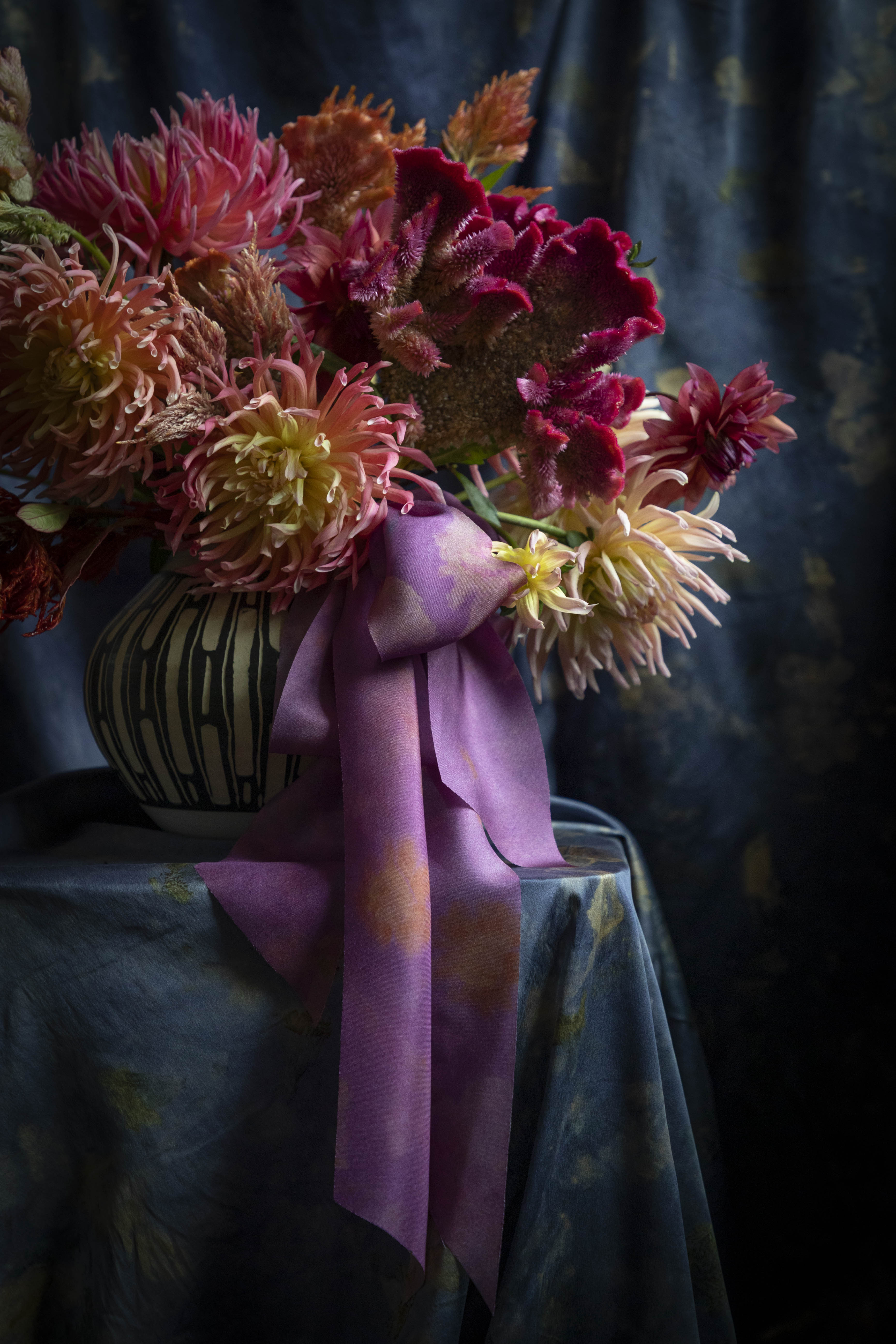 Eco-friendly silk ribbons with nature-inspired patterns, perfect for unique gift wrapping and tying market bouquets, crafted from sustainable materials