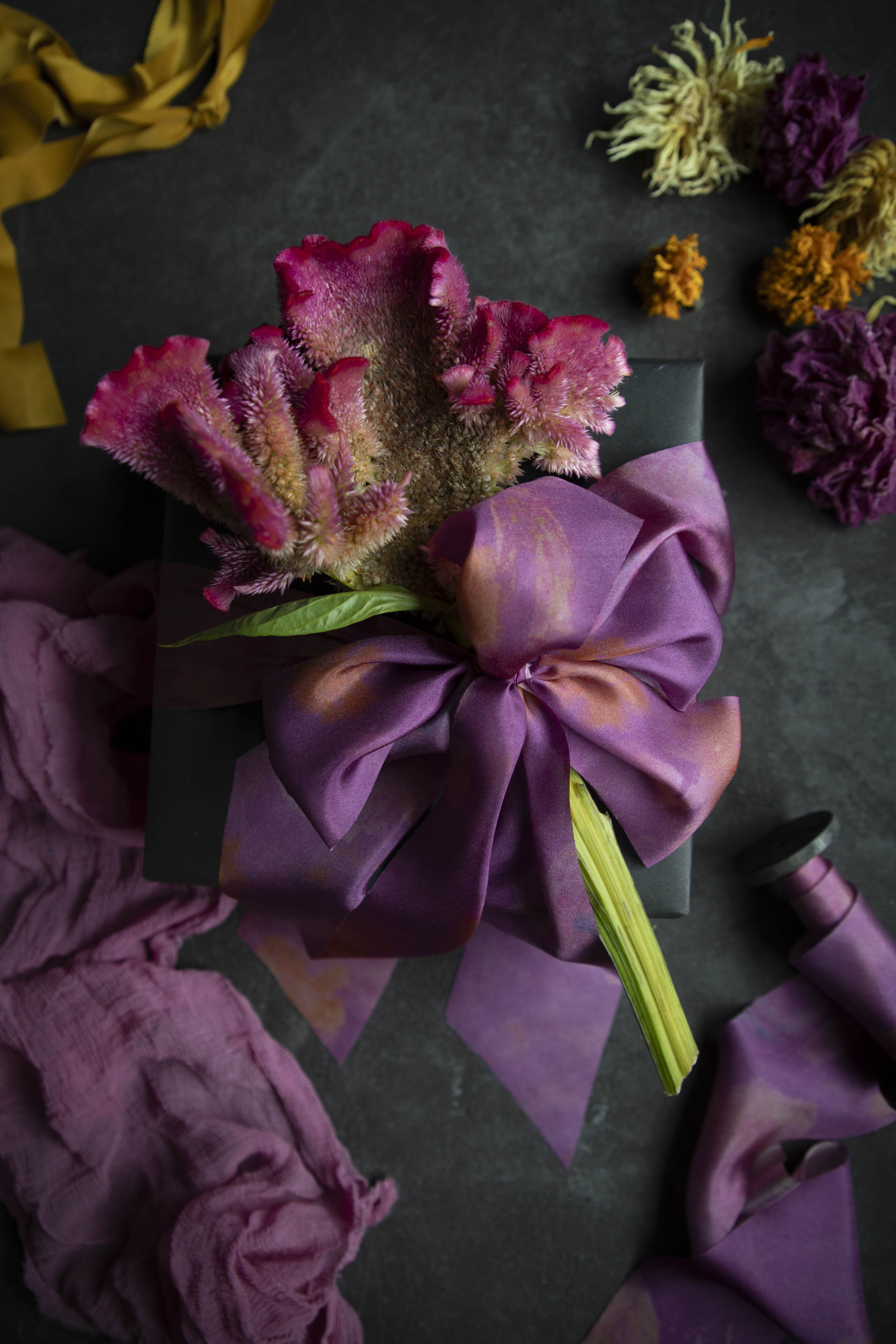 gift wrapping inspiration Eco-friendly silk ribbons with nature-inspired patterns, perfect for unique gift wrapping and tying market bouquets, crafted from sustainable materials