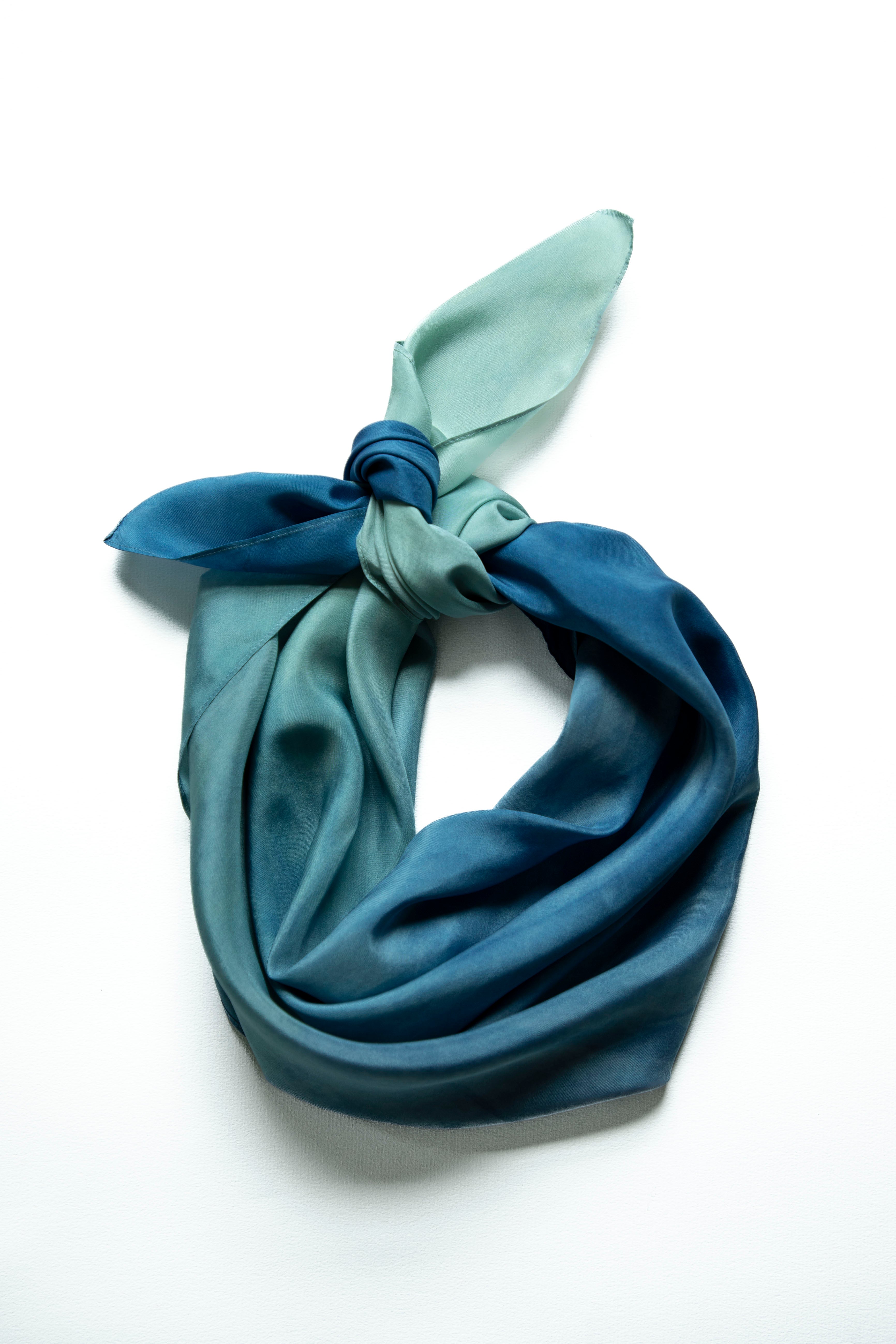 indigo dyed silk scarf tied