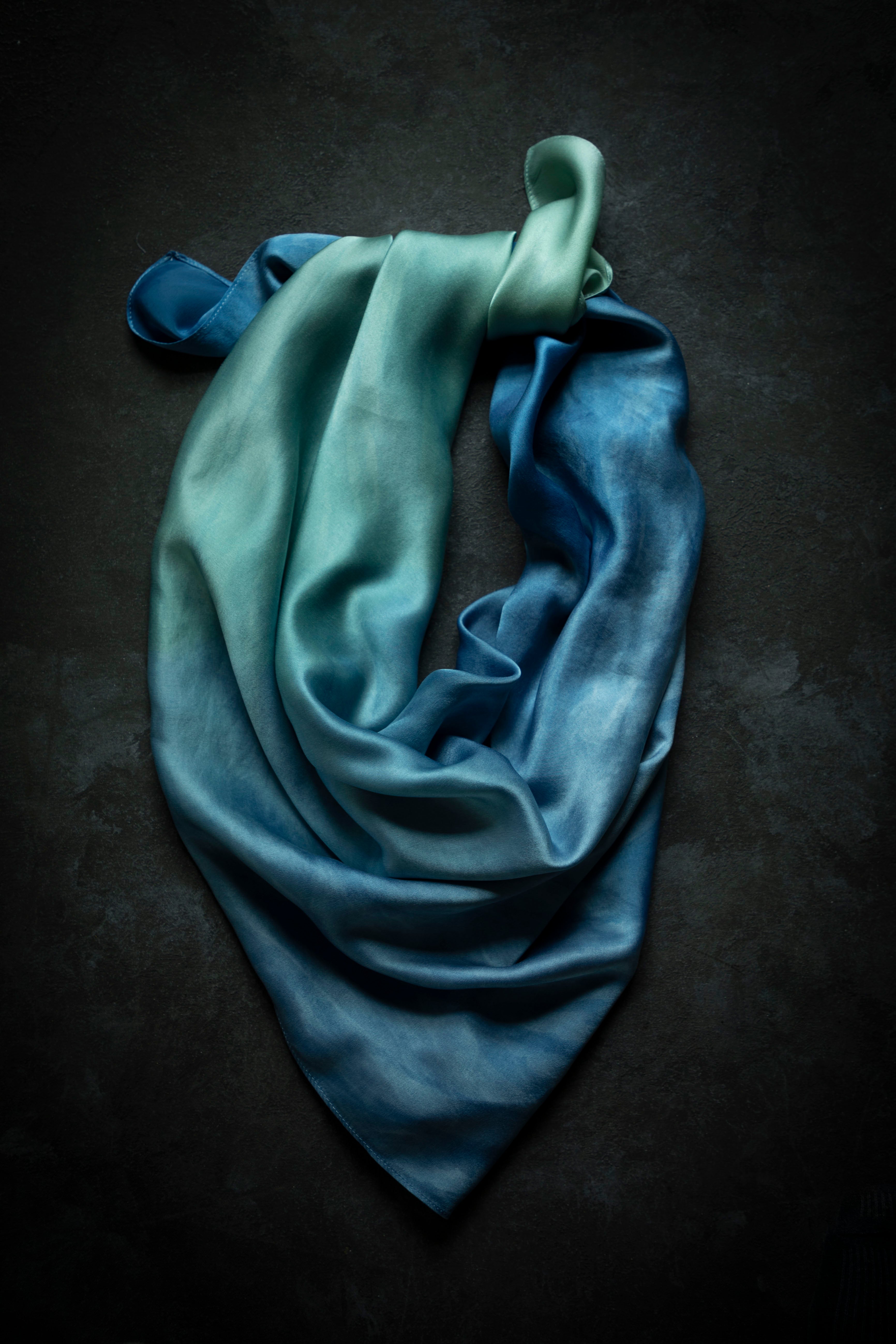 indigo dyed silk satin scarf