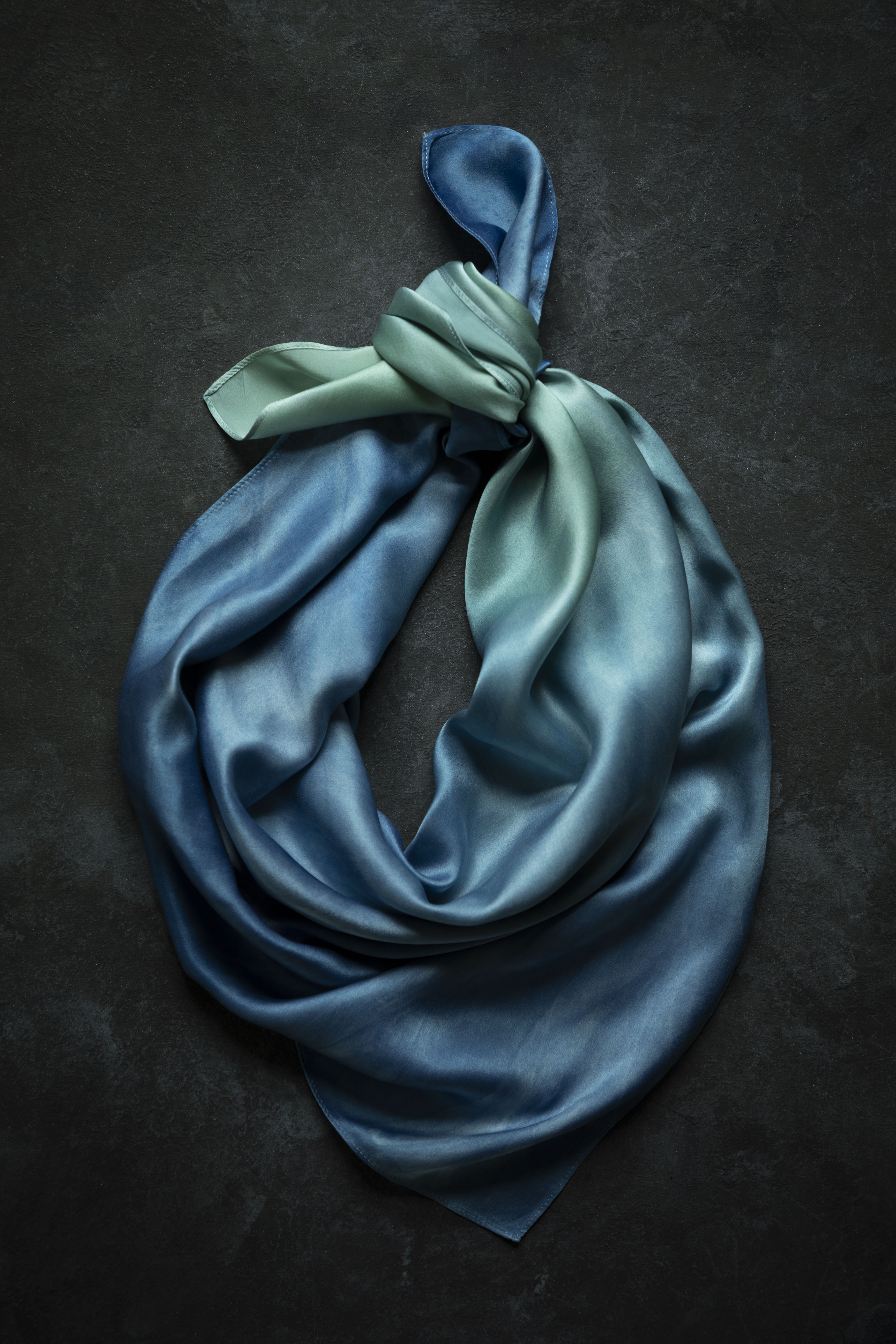 indigo dyed silk satin scarf