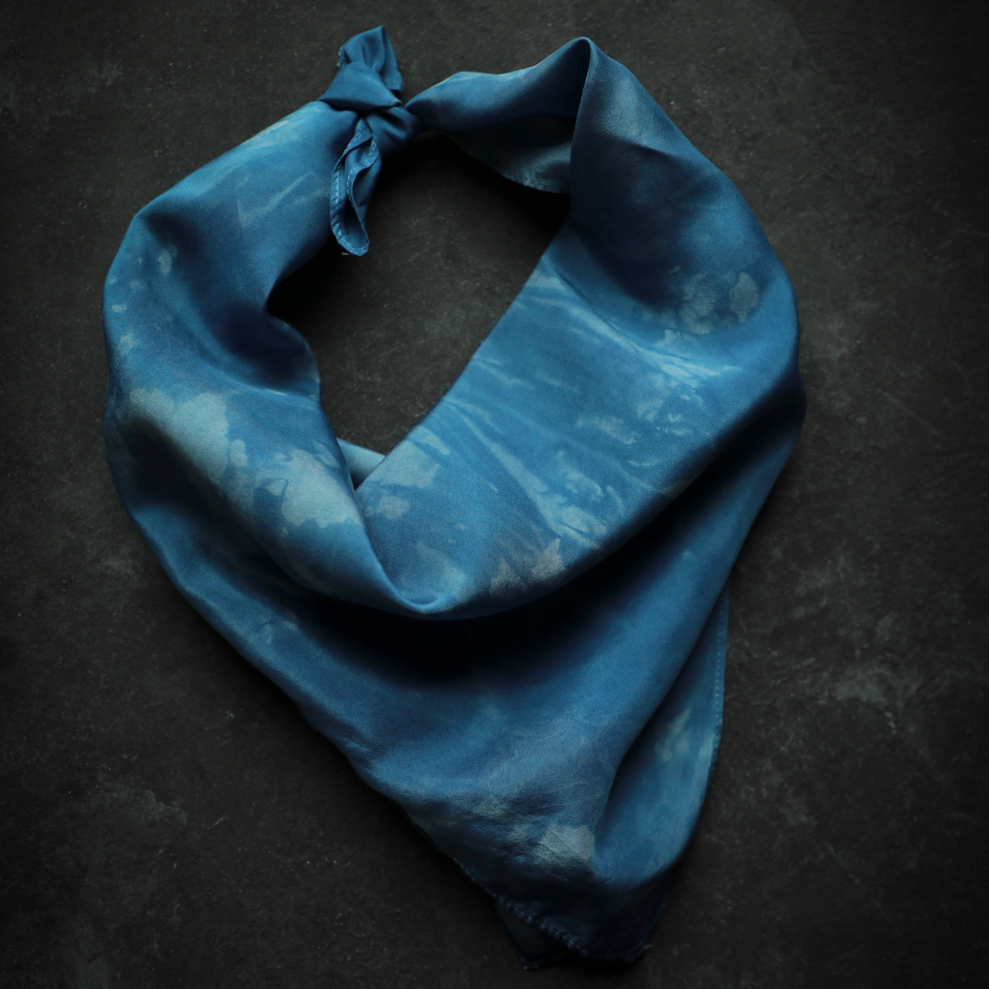 indigo dyed silk scarf. Sustainable fashion accessory