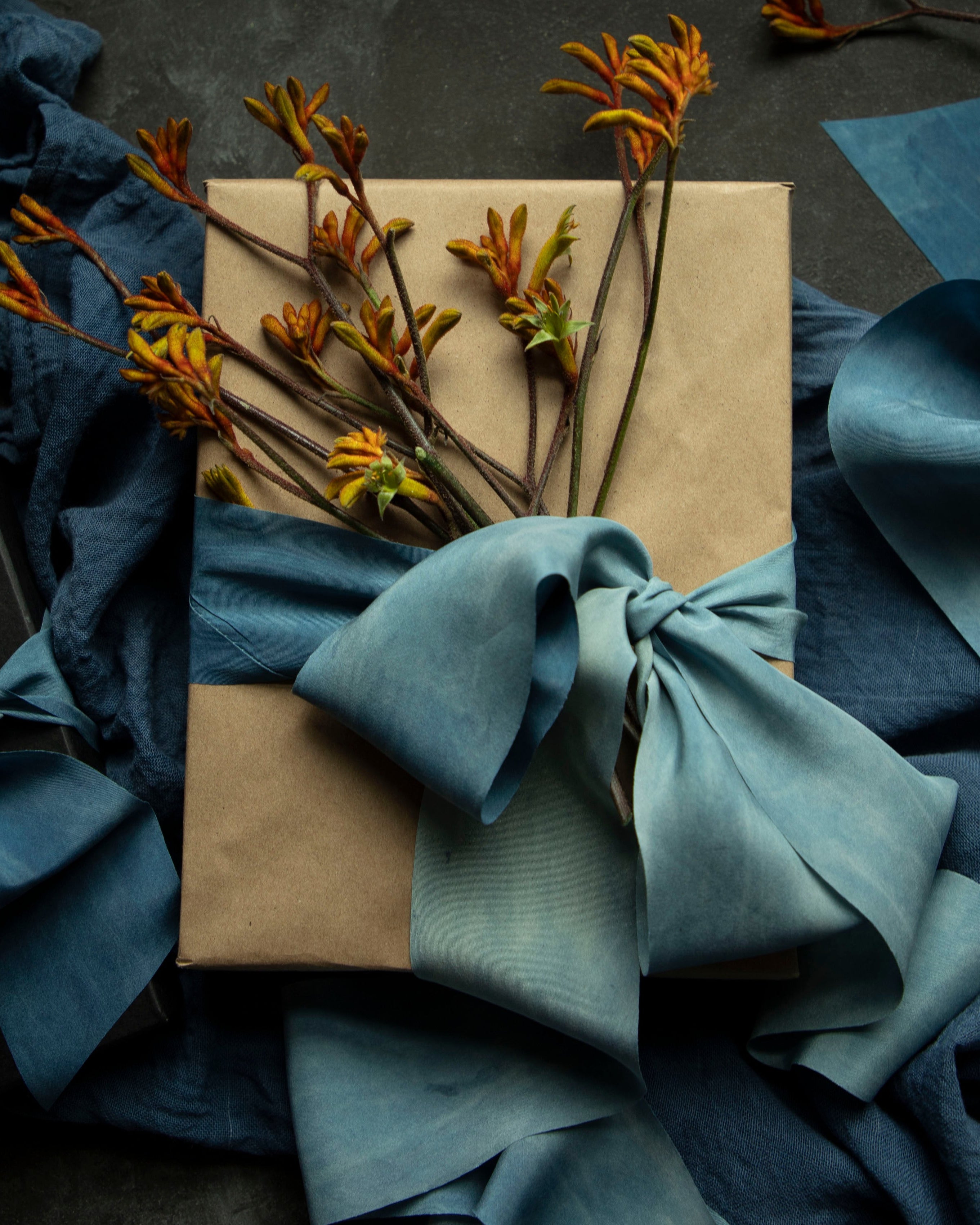 indigo hand dyed silk ribbon gift wrapping inspiration