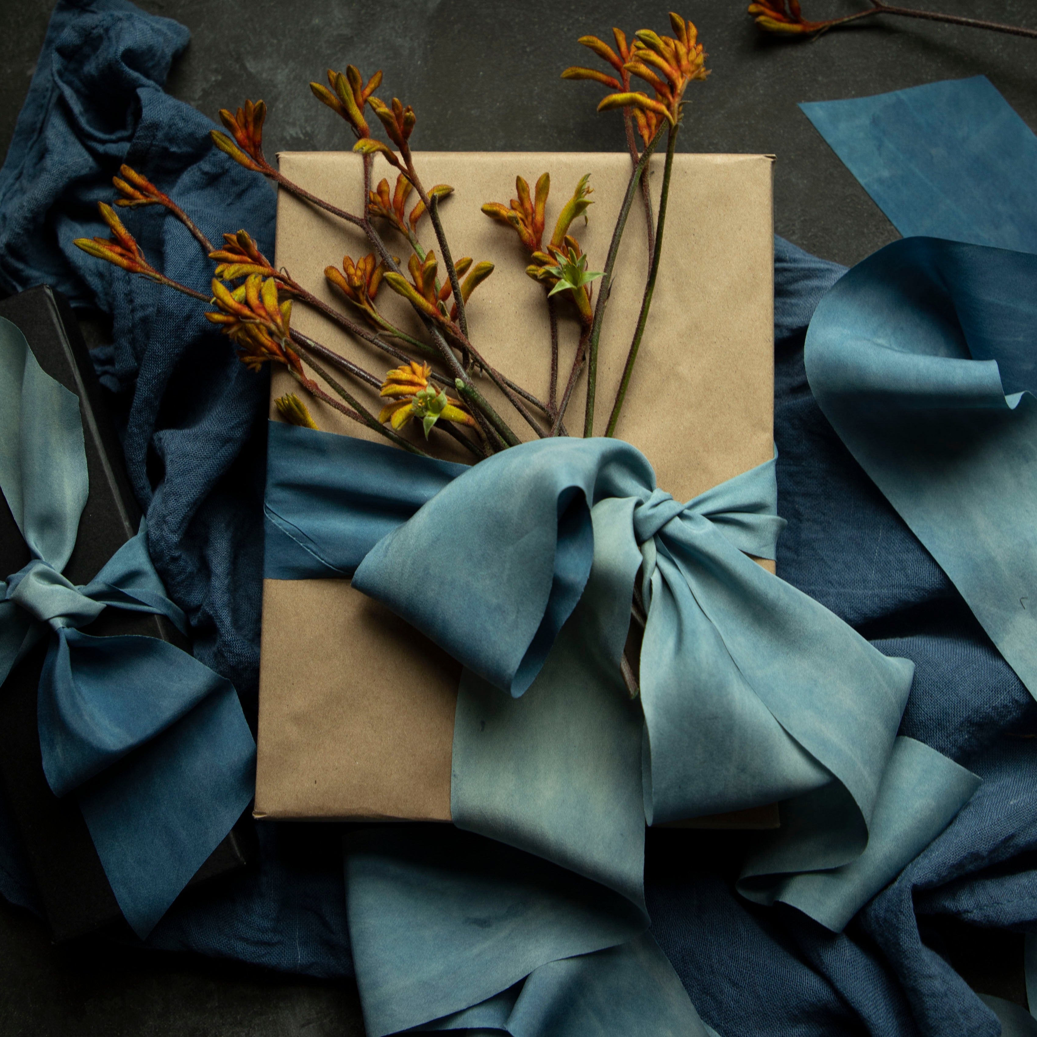 indigo hand dyed silk ribbon gift wrapping inspiration
