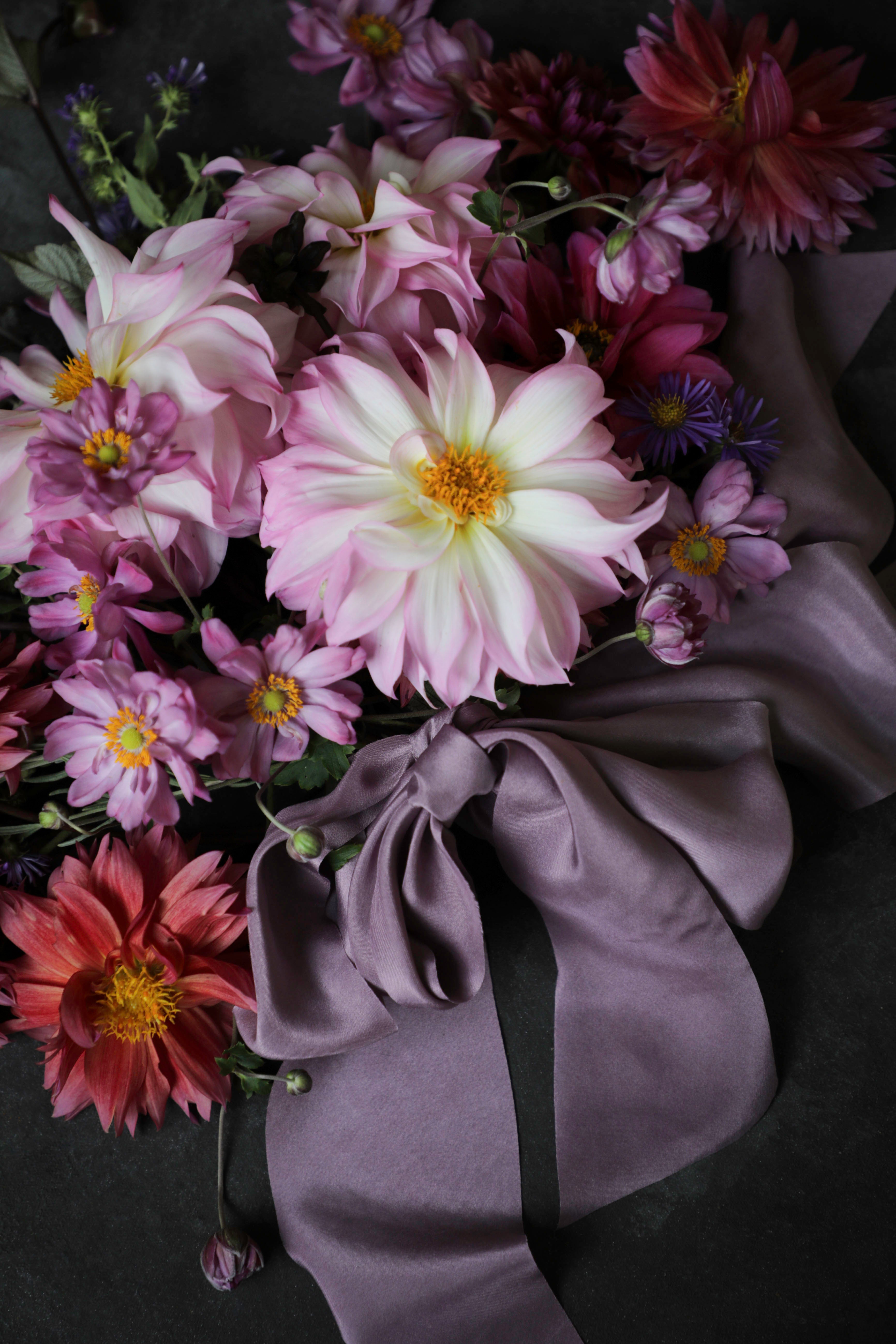 Pink and purple dahlia flower bouquet tied with a purple silk & Willow silk ribbon bow