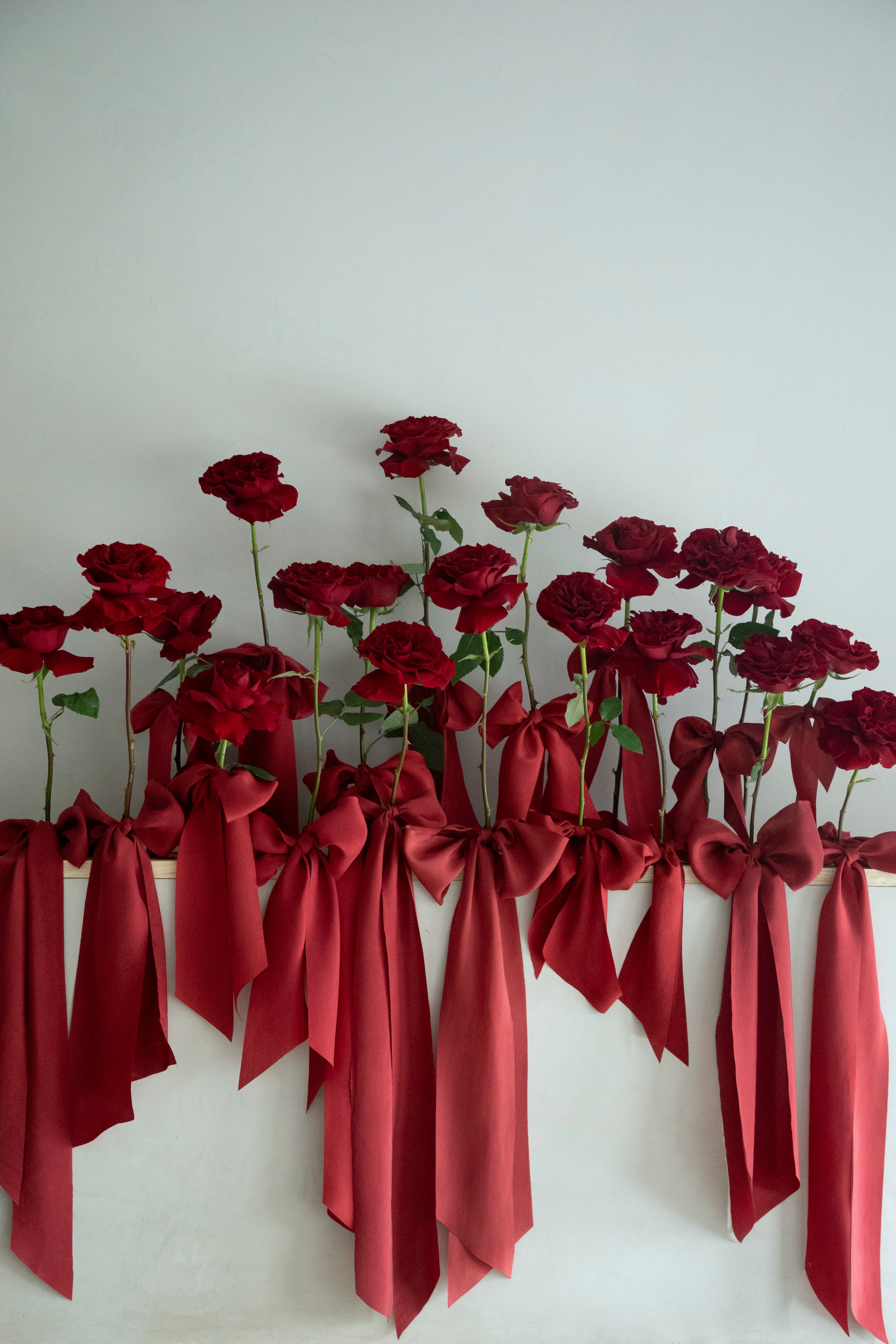 red wedding trend. red roses on display with red silk ribbon bows. 