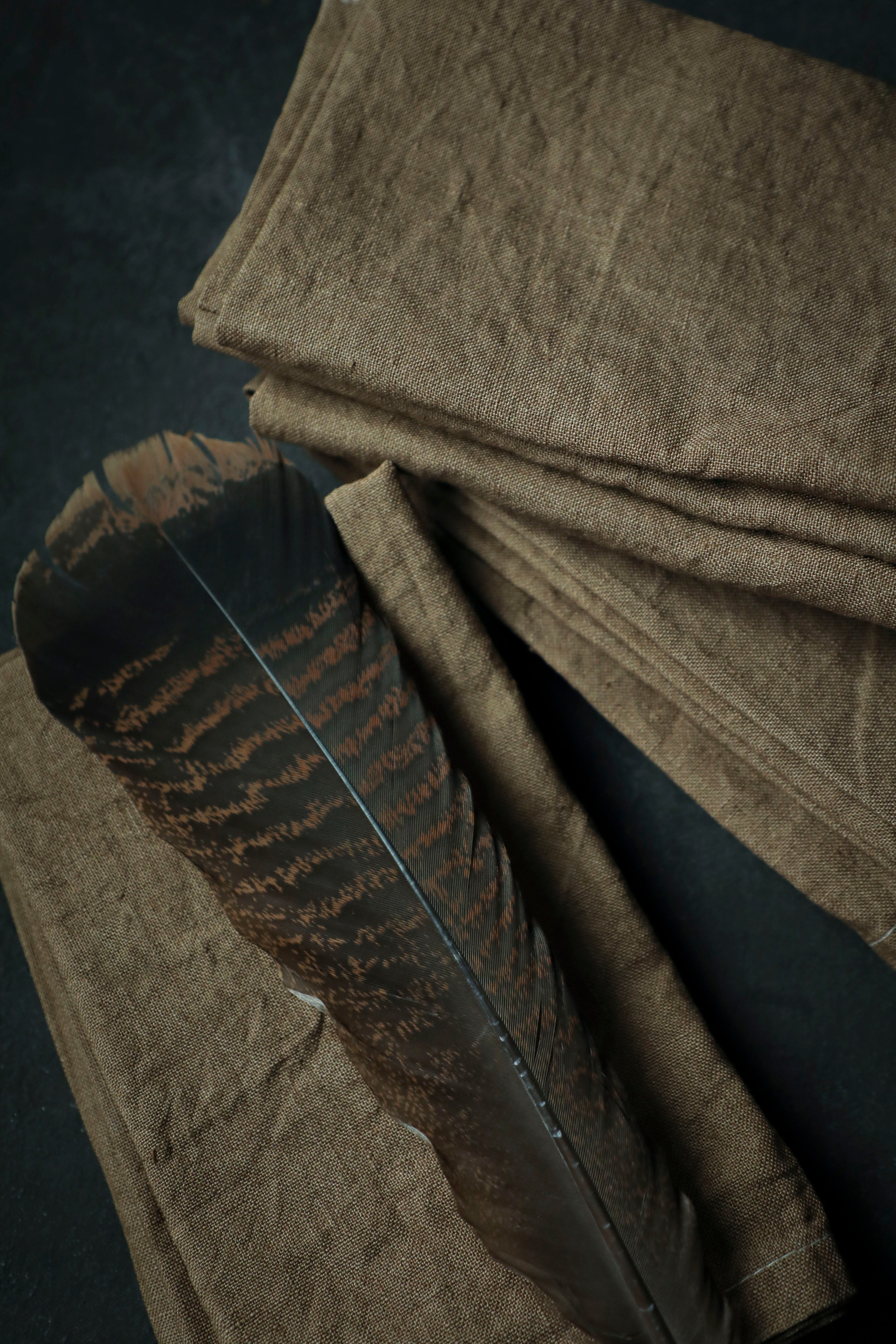 Brown fabric with a feather on a dark background
