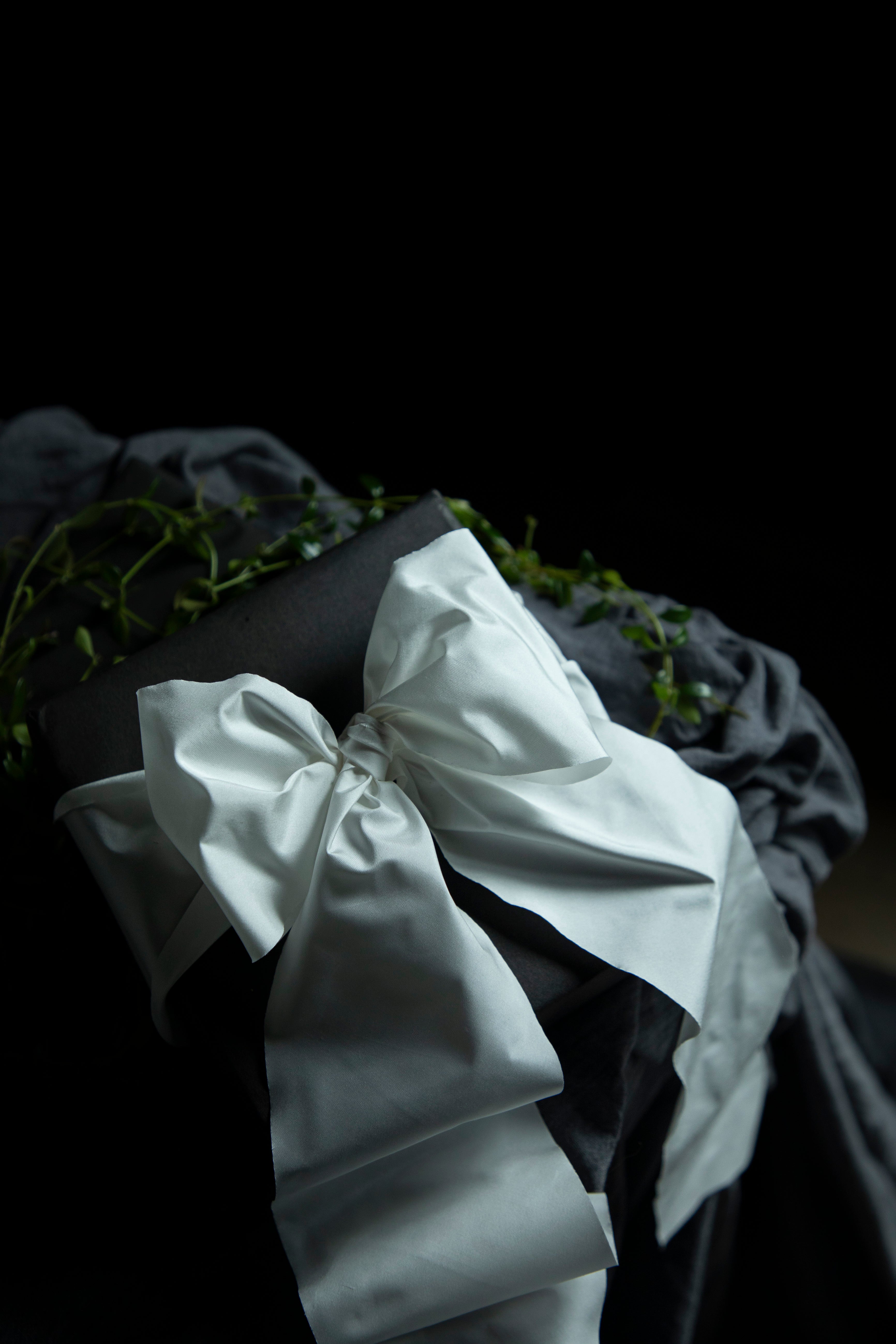 Close-up of a white bow on a black background