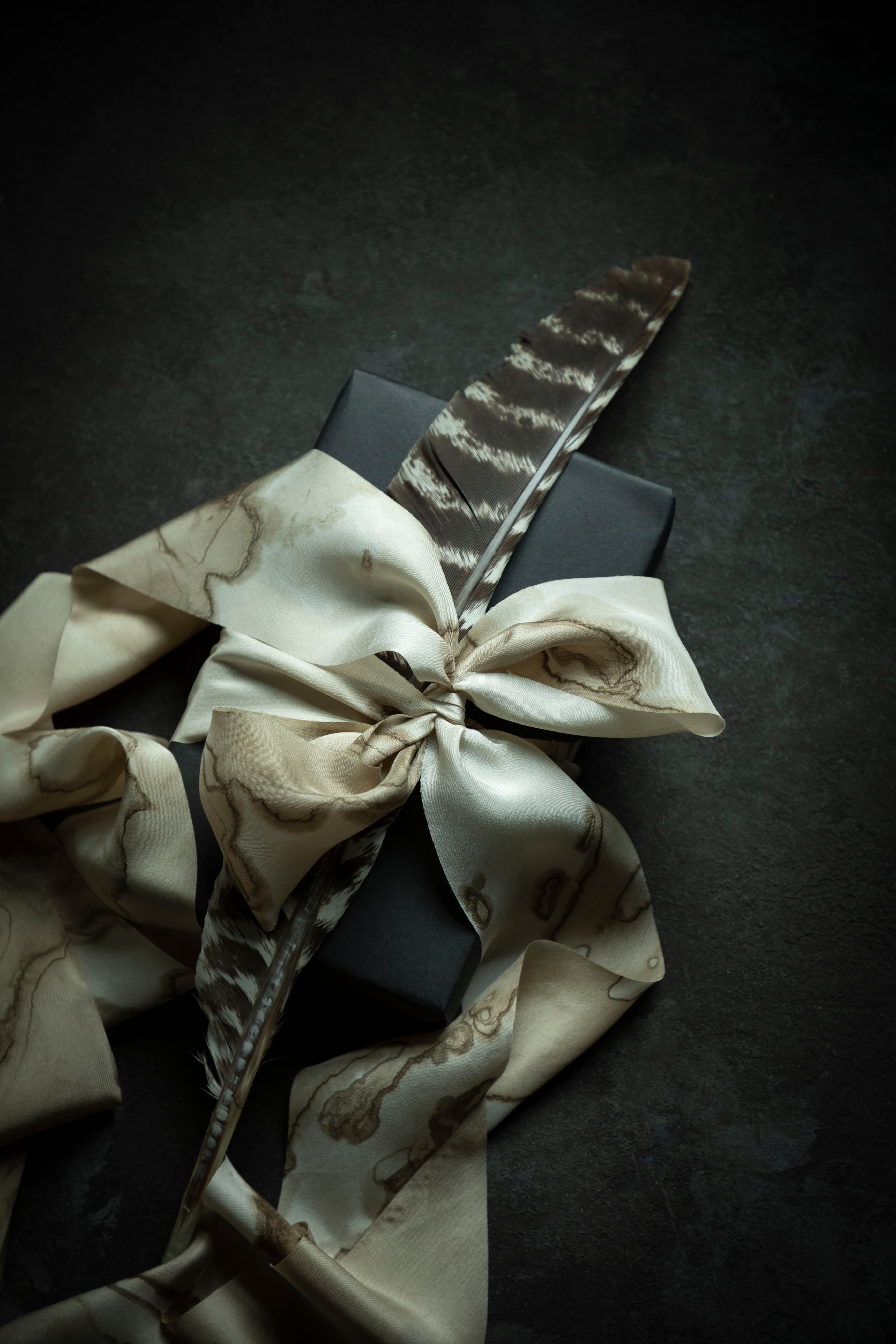 A styled flat-lay of a tan silk ribbon with brown abstract veining, like woodgrain, tied into a large bow around a dark gray gift box, with a brown and black patterned feather placed on top, set against a dark textured background.