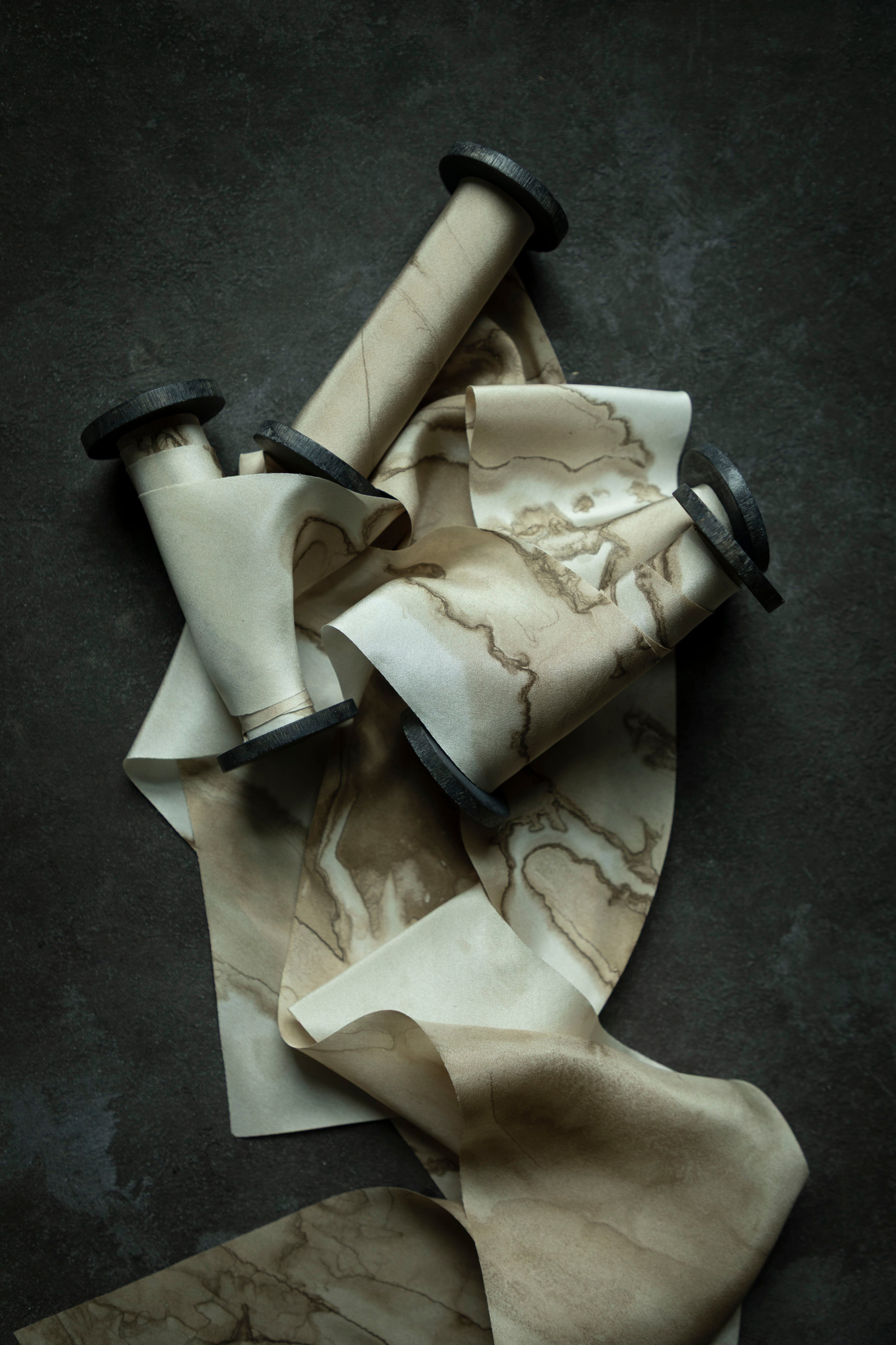 natural hand-dyed silk ribbons with woodgrain pattern.